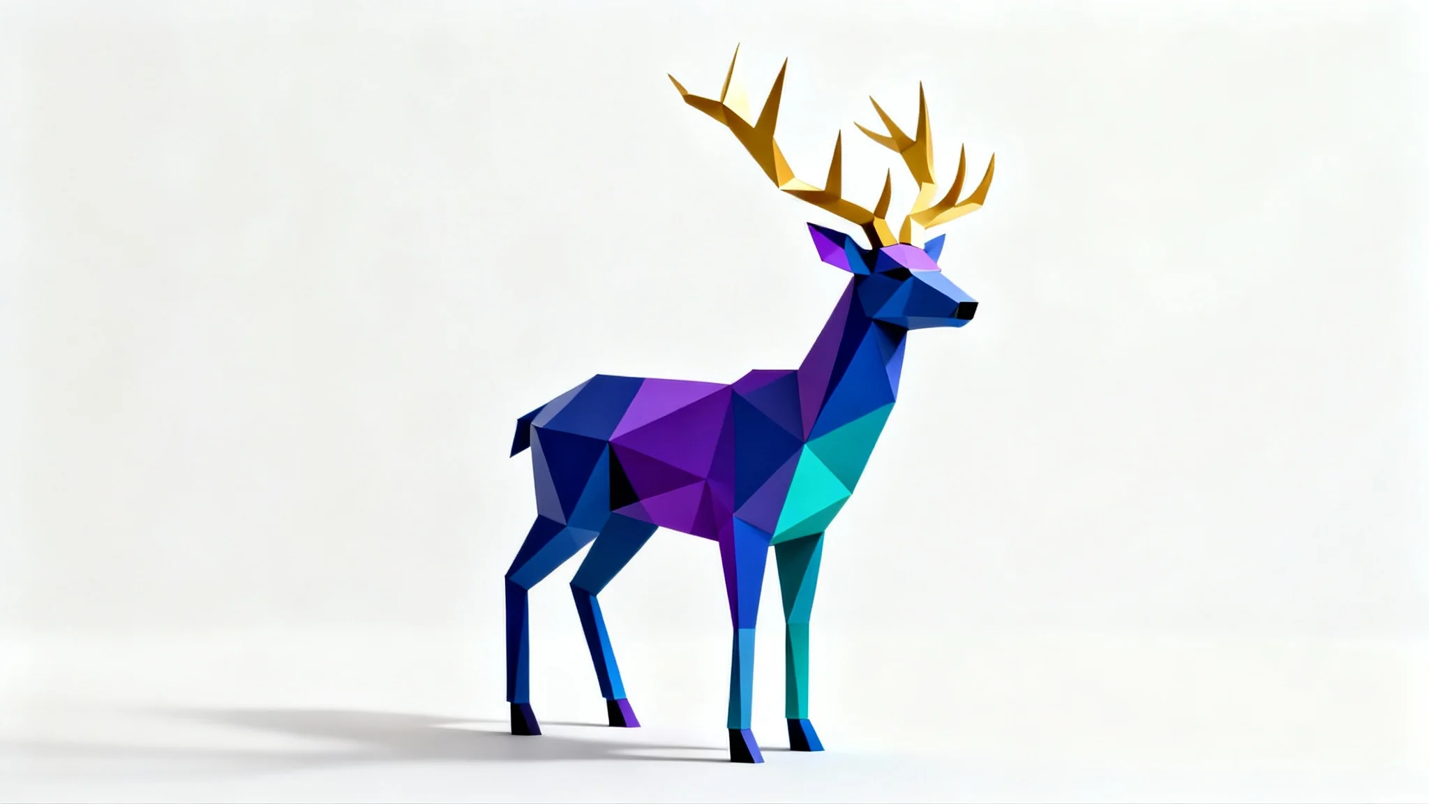 A 3D digital art piece showcasing a deer created in a low-poly style, with its body made of geometric shapes in blue and purple hues and golden antlers, set against a white background.