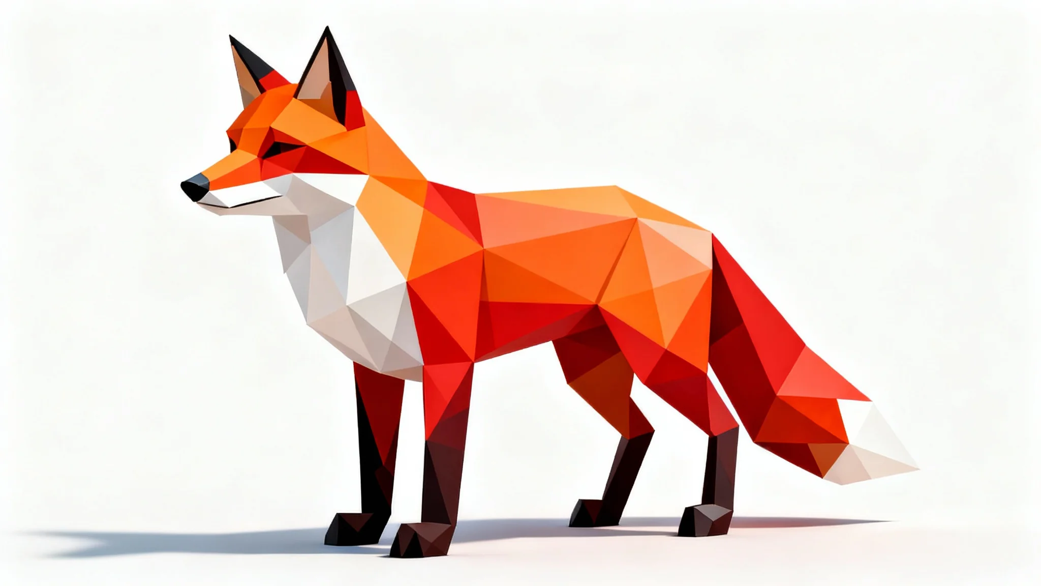 A digital illustration of a fox rendered in a low-poly style, composed of geometric shapes in shades of orange and white, set against a plain white background.