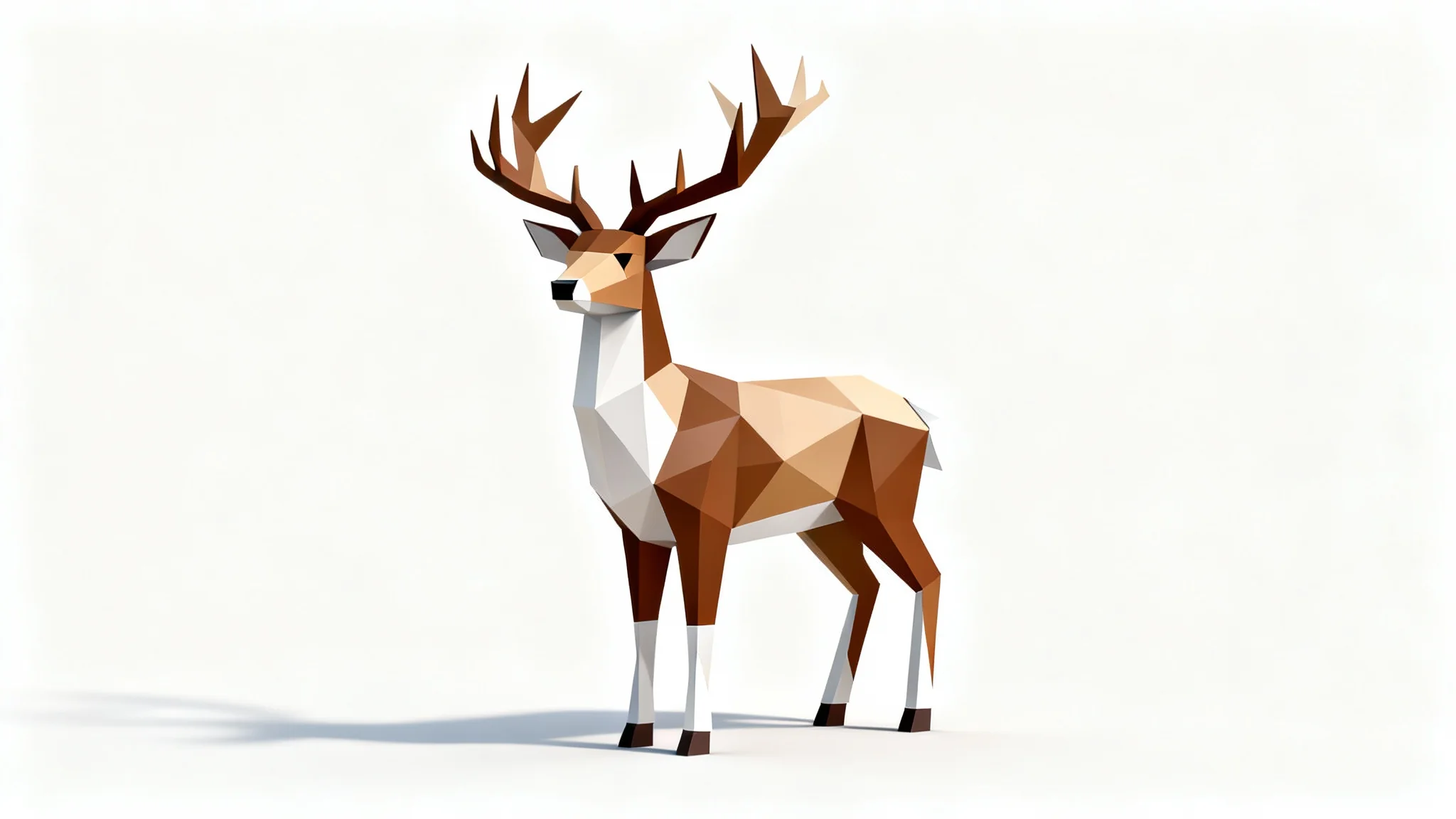 A 3D render of a majestic deer created in a low poly style, with visible geometric facets and sharp edges, standing on a clean white background.