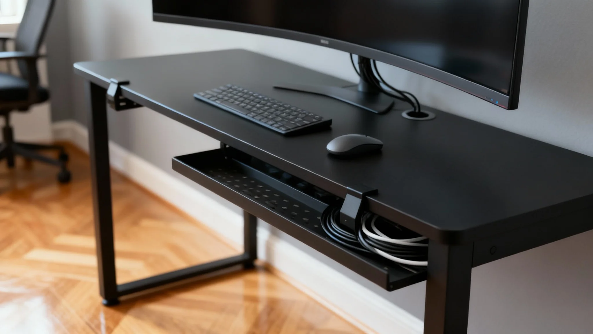 A photorealistic image of a perfectly organized modern desk setup, showcasing the final result of effective cable management. A sleek black desk holds a large monitor and keyboard, with no visible cable clutter on or under the desk.