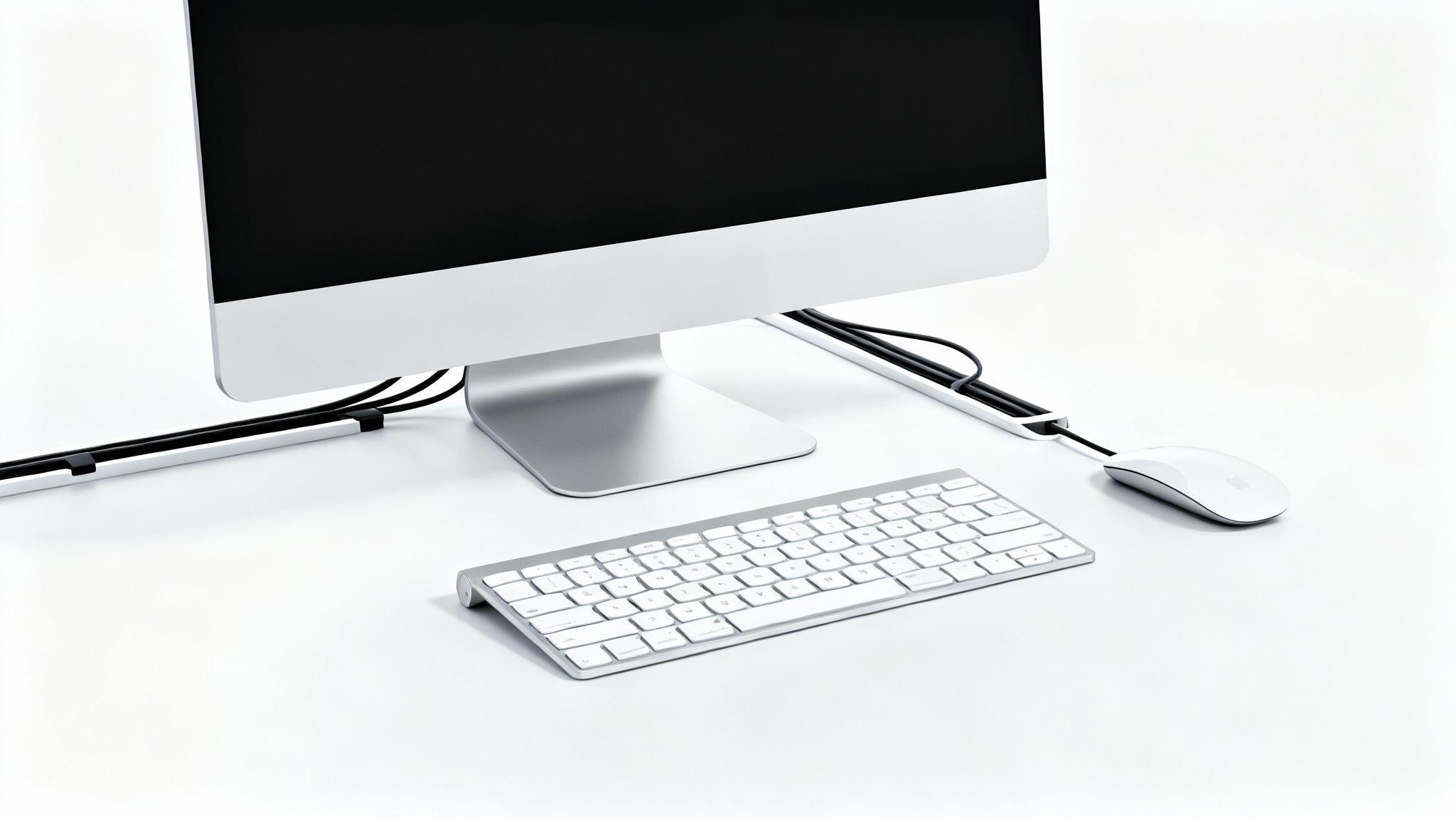 A modern and minimalist desk setup with perfect cable management, showing a computer and peripherals with all wires neatly hidden, set against a clean white background.