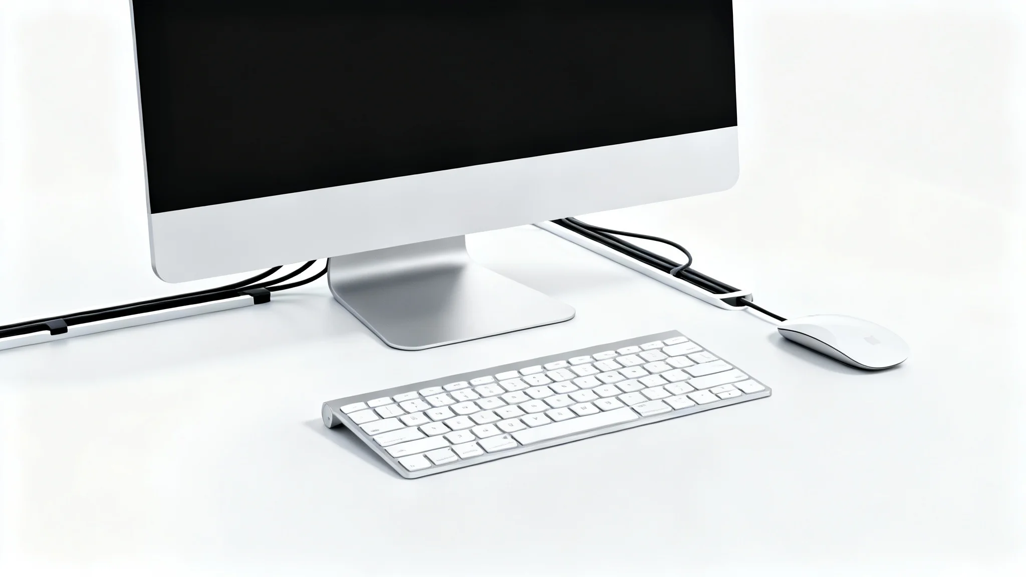 A modern and minimalist desk setup with perfect cable management, showing a computer and peripherals with all wires neatly hidden, set against a clean white background.
