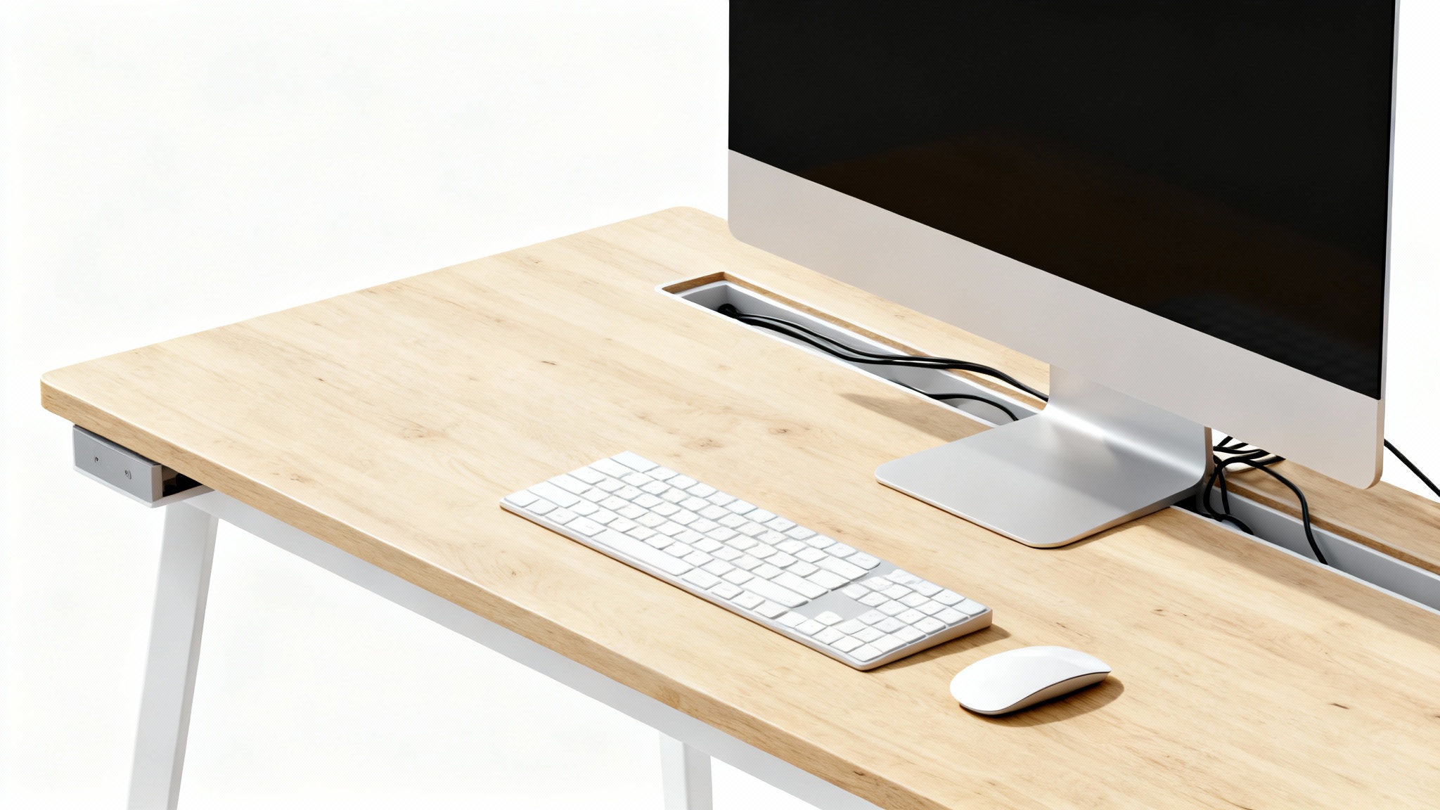 A hyper-realistic image of a perfectly organized modern desk with all computer cables completely hidden, demonstrating an ideal cable management solution.
