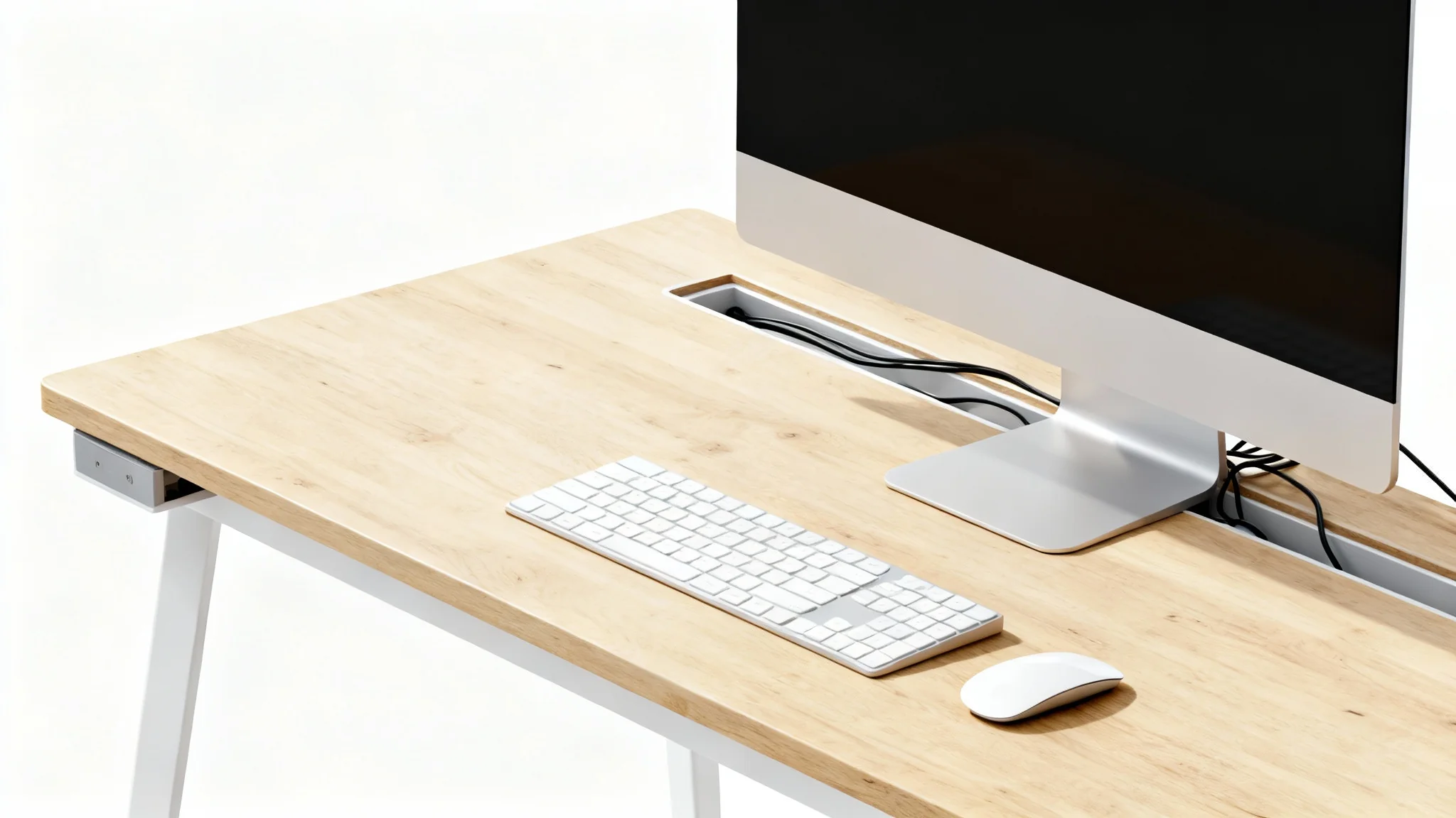 A hyper-realistic image of a perfectly organized modern desk with all computer cables completely hidden, demonstrating an ideal cable management solution.
