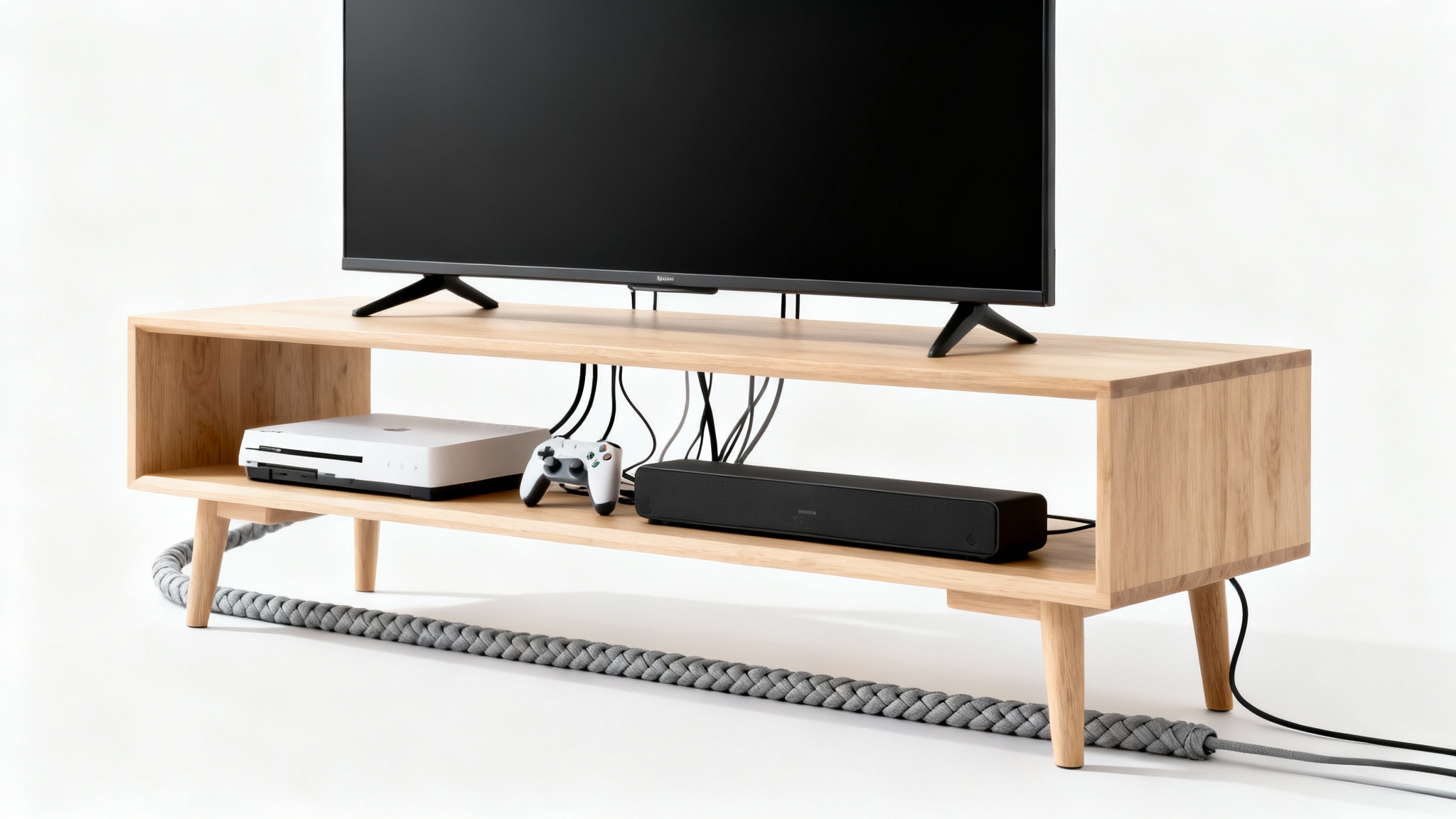 A modern entertainment center with perfect cable management, showing all wires neatly bundled and hidden behind the TV stand.