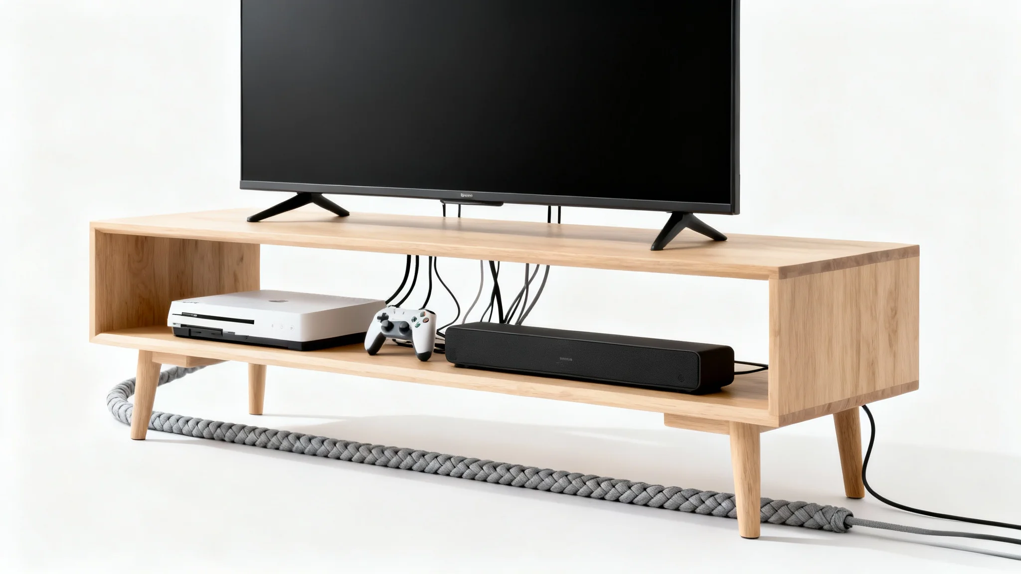 A modern entertainment center with perfect cable management, showing all wires neatly bundled and hidden behind the TV stand.