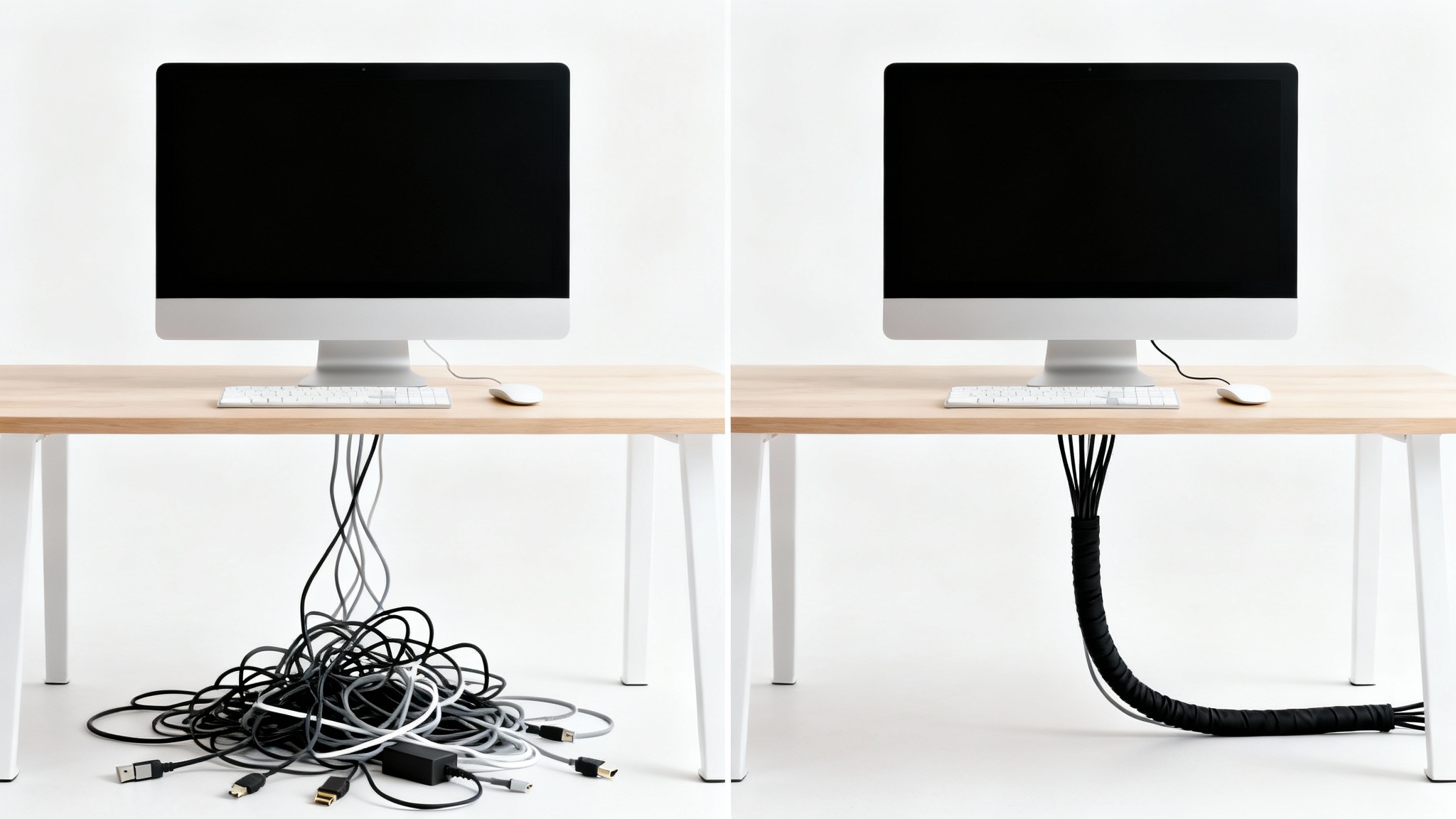 A split-image showing a before and after of cable management. The left side shows a messy tangle of computer cables behind a desk, while the right side shows the same cables neatly organized and tidy.