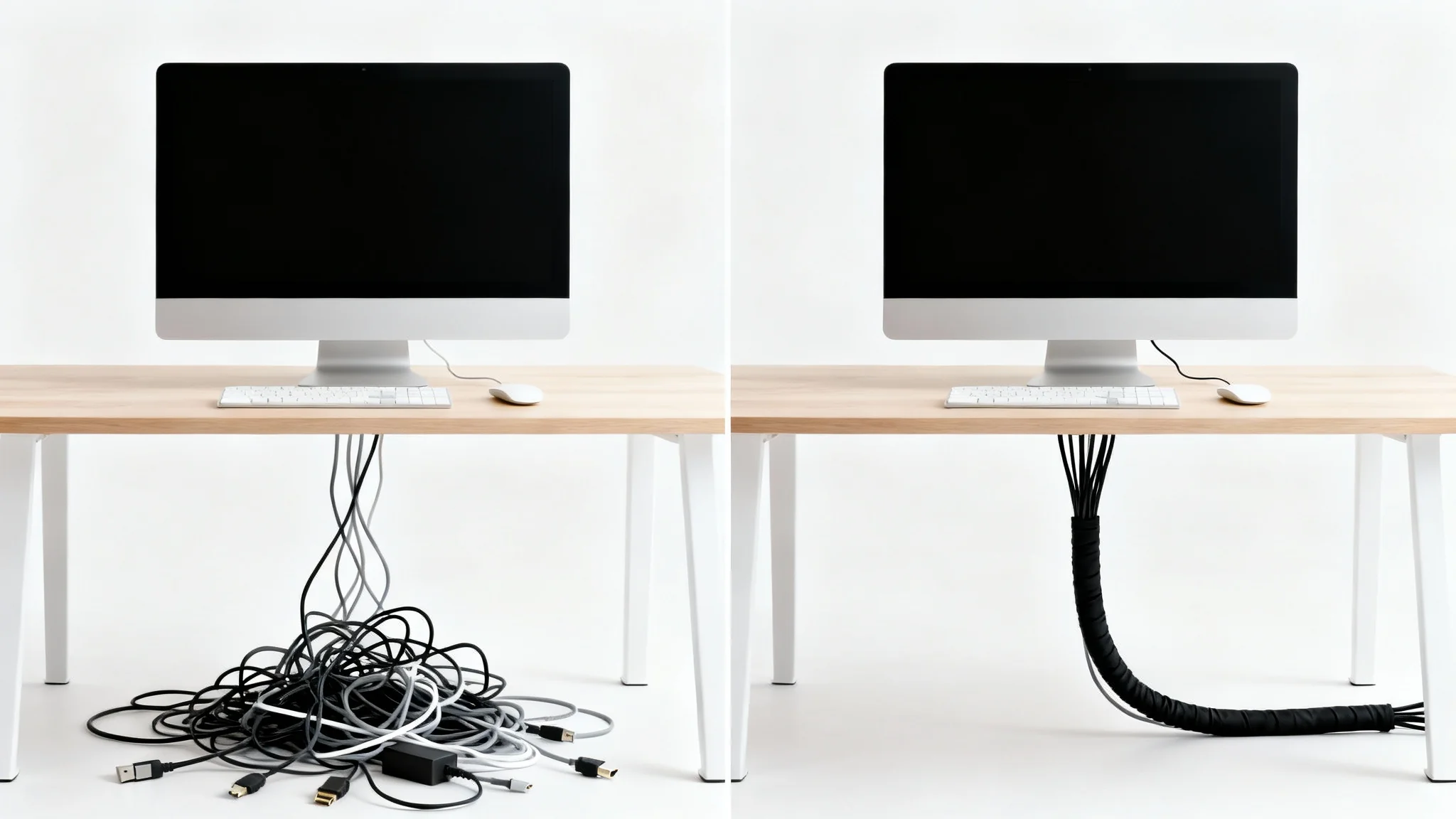 A split-image showing a before and after of cable management. The left side shows a messy tangle of computer cables behind a desk, while the right side shows the same cables neatly organized and tidy.