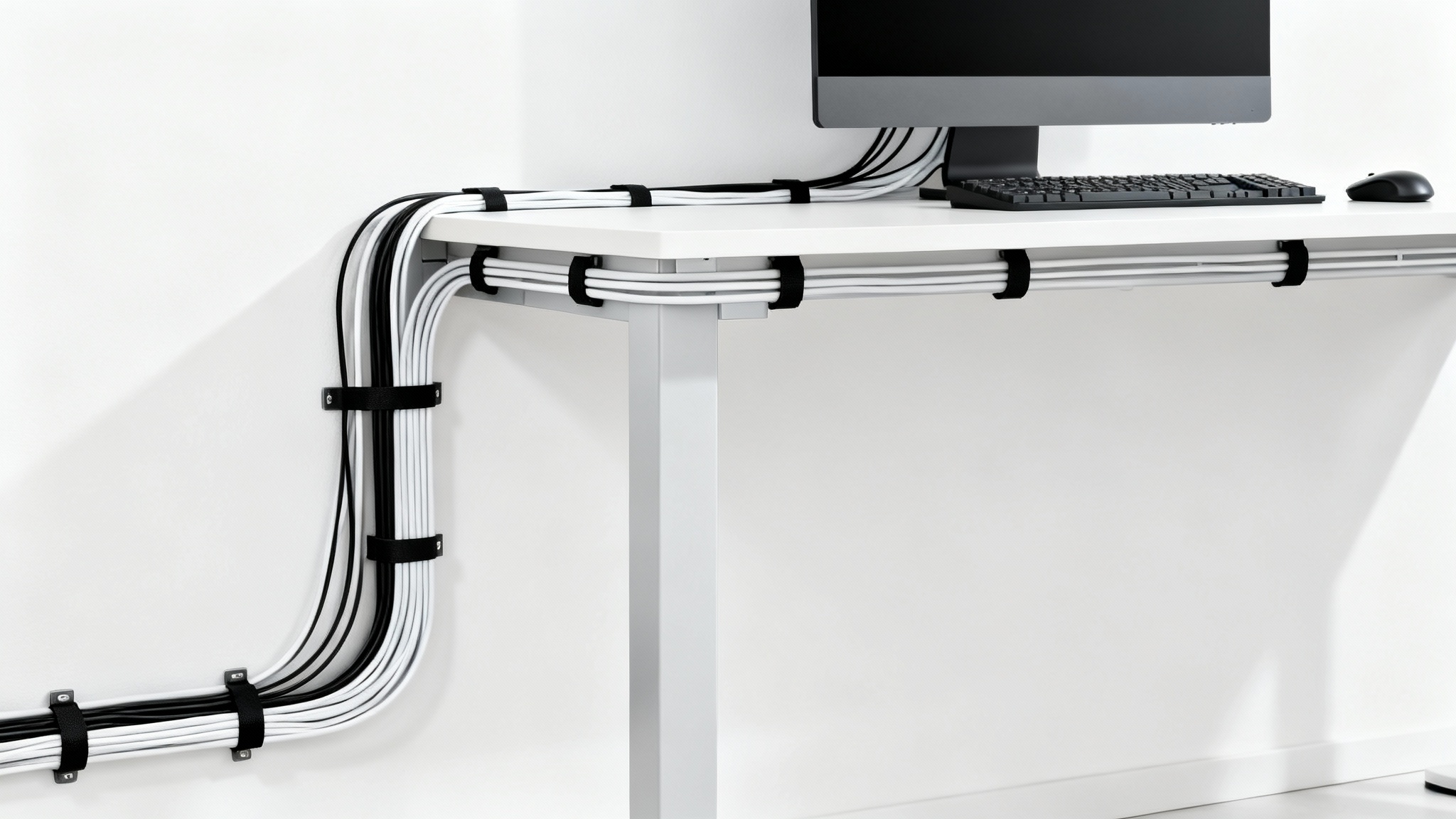 A close-up shot of a perfectly managed set of computer cables, neatly bundled and routed behind a desk against a clean white background, illustrating an organized workspace.