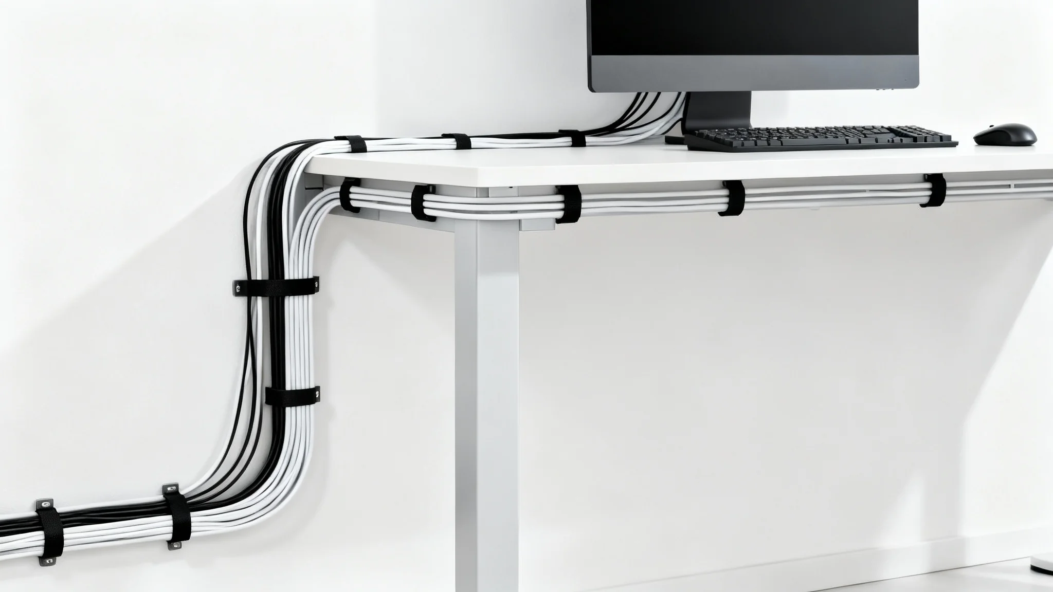 A close-up shot of a perfectly managed set of computer cables, neatly bundled and routed behind a desk against a clean white background, illustrating an organized workspace.