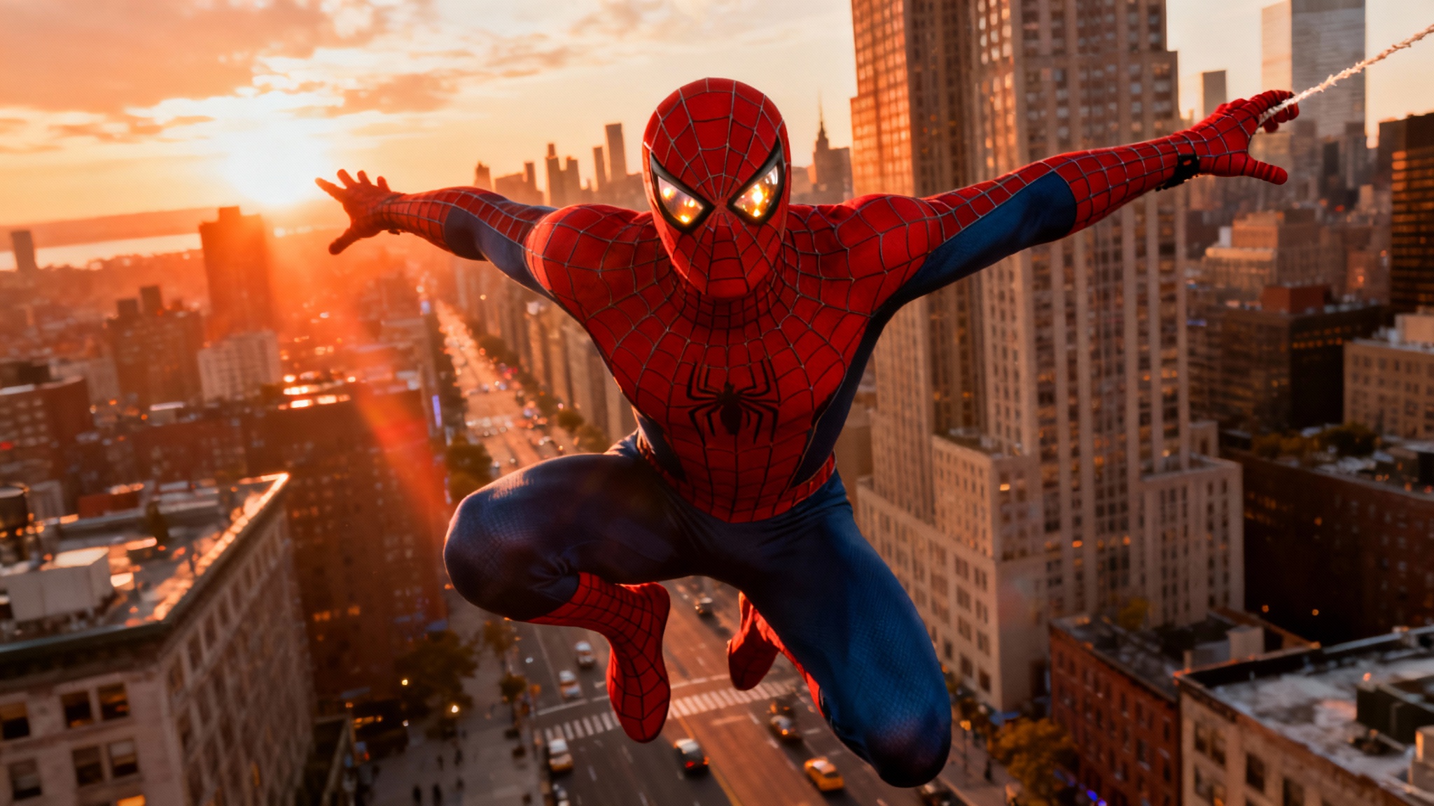 A hyper-realistic, cinematic image of Spider-Man swinging through New York City at sunset, with dramatic lighting and incredible detail on his suit and the cityscape.
