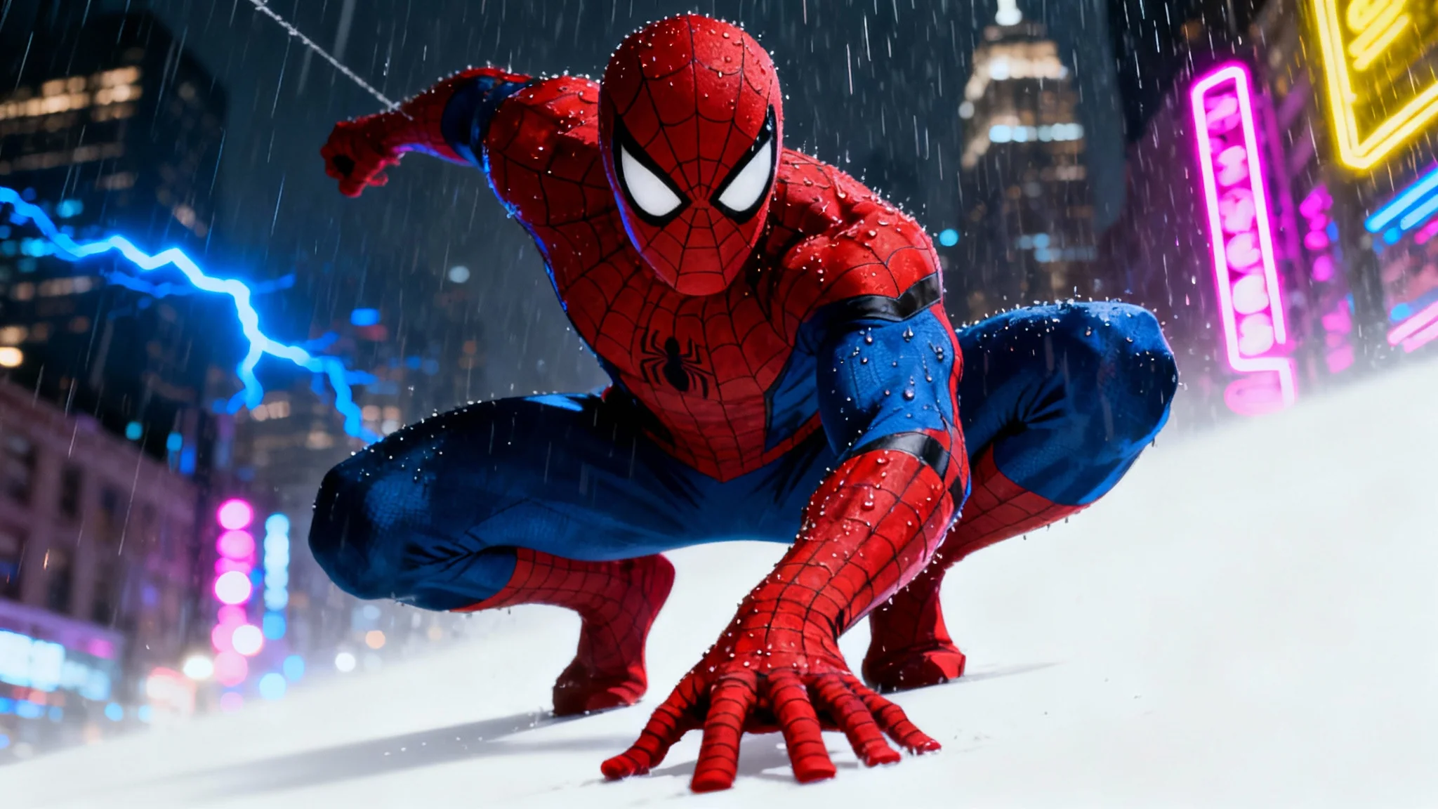 A dramatic digital art piece depicting Spiderman in a dynamic swinging pose against a blurred, neon-lit cityscape at night, all set against a clean white background.