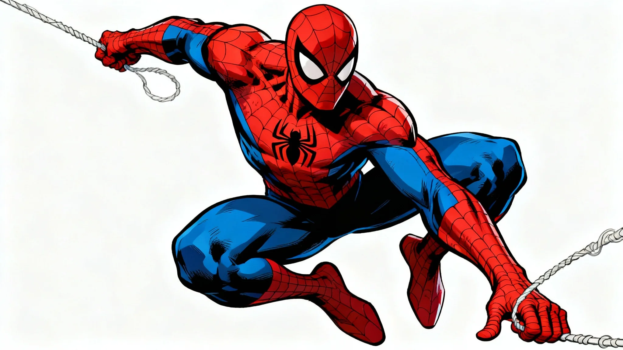 A modern comic book style illustration of Spiderman in a dynamic swinging pose against a plain white background, highlighting his classic red and blue suit.