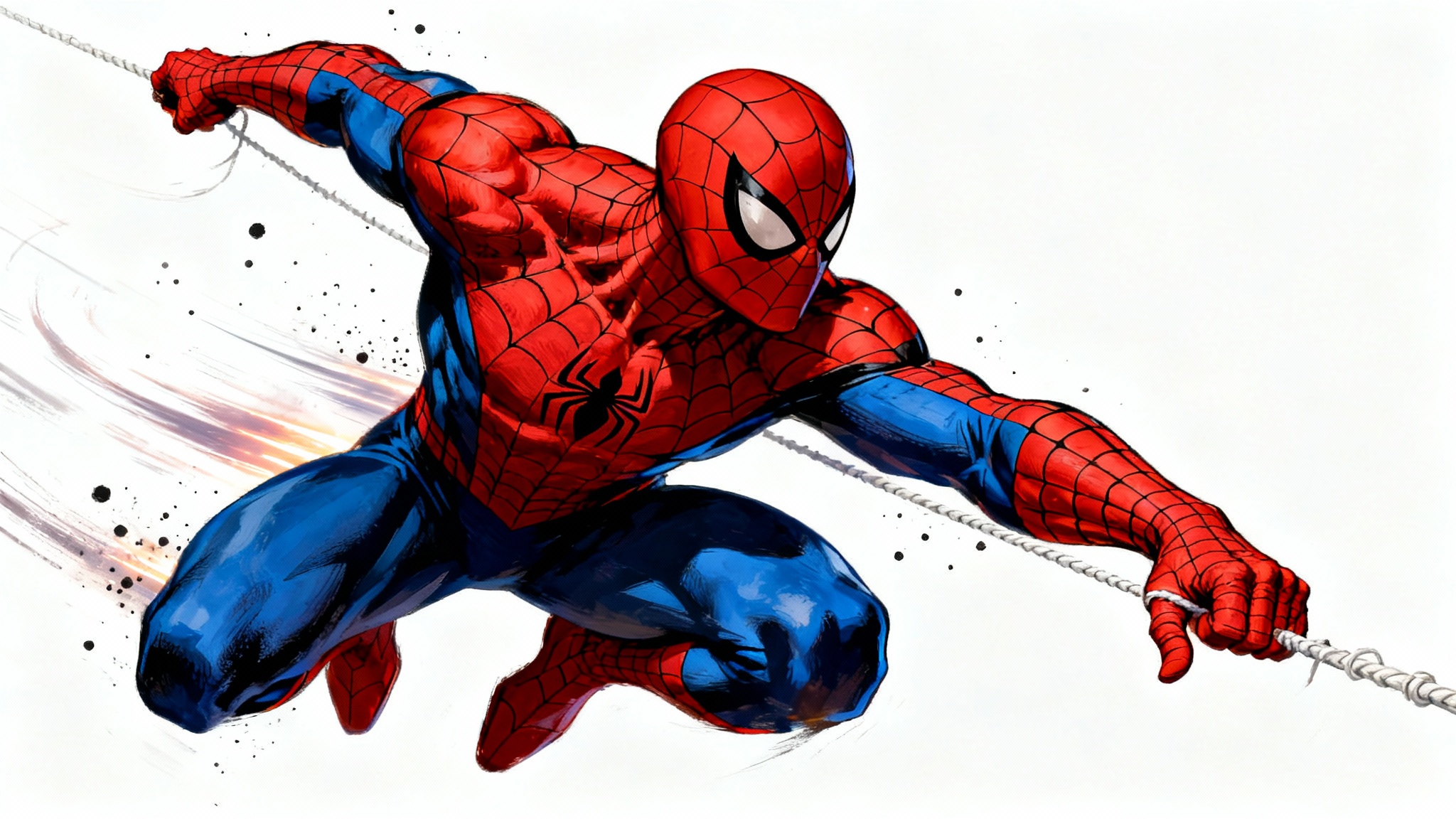 A dynamic digital painting of Spiderman in his classic suit, captured in an action-packed swinging pose against a plain white background.