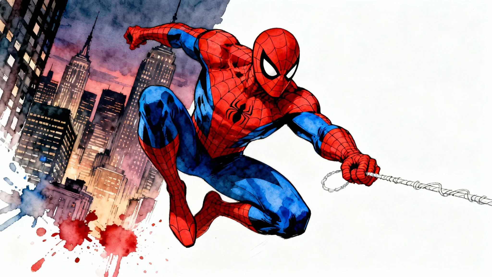 A dynamic and artistic illustration of Spider-Man swinging through a stylized city, rendered in a vibrant comic book and watercolor style against a clean white background.