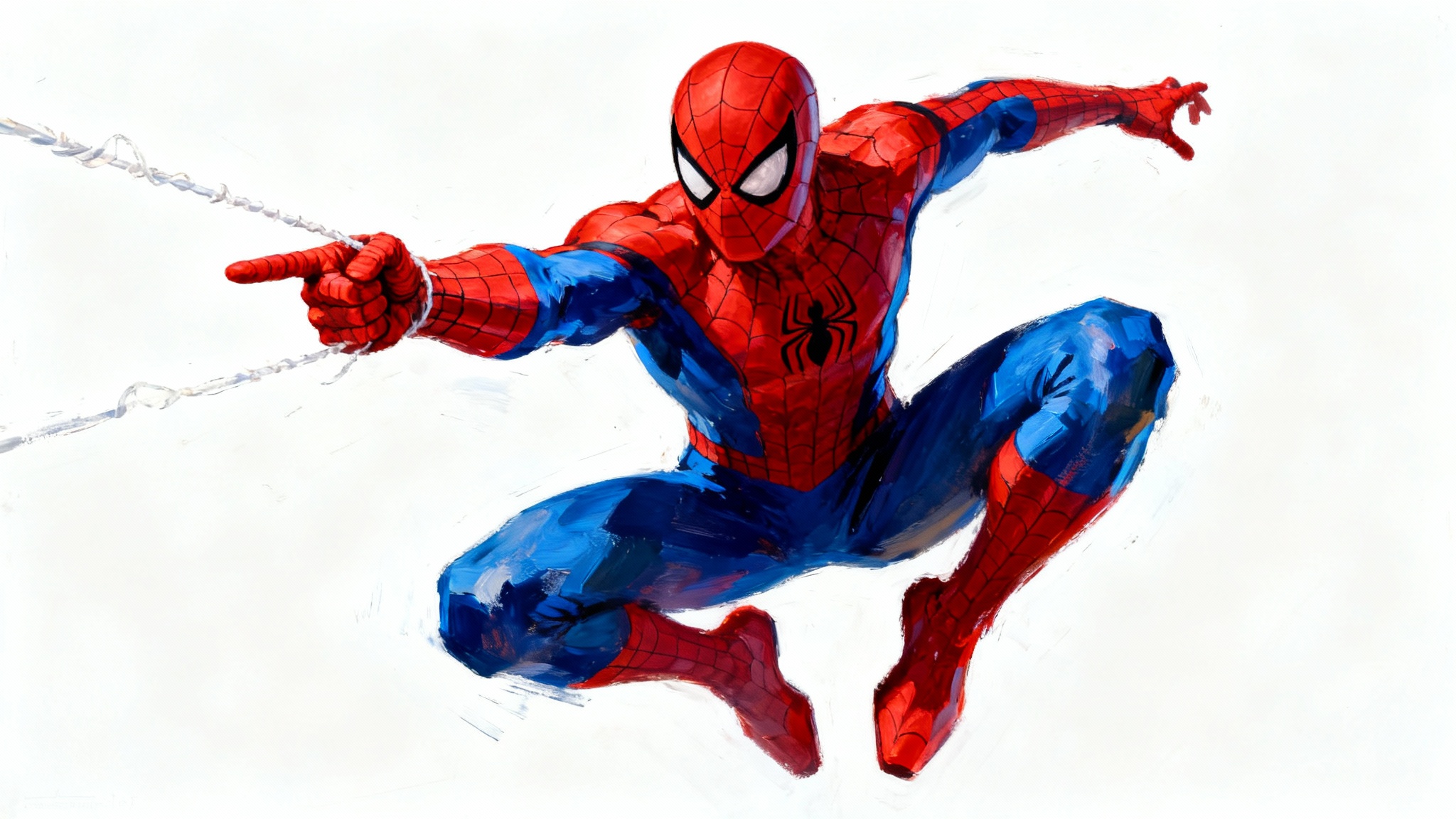 A vibrant digital painting of Spider-Man in his classic red and blue costume, captured in a dynamic mid-air pose against a plain white background.