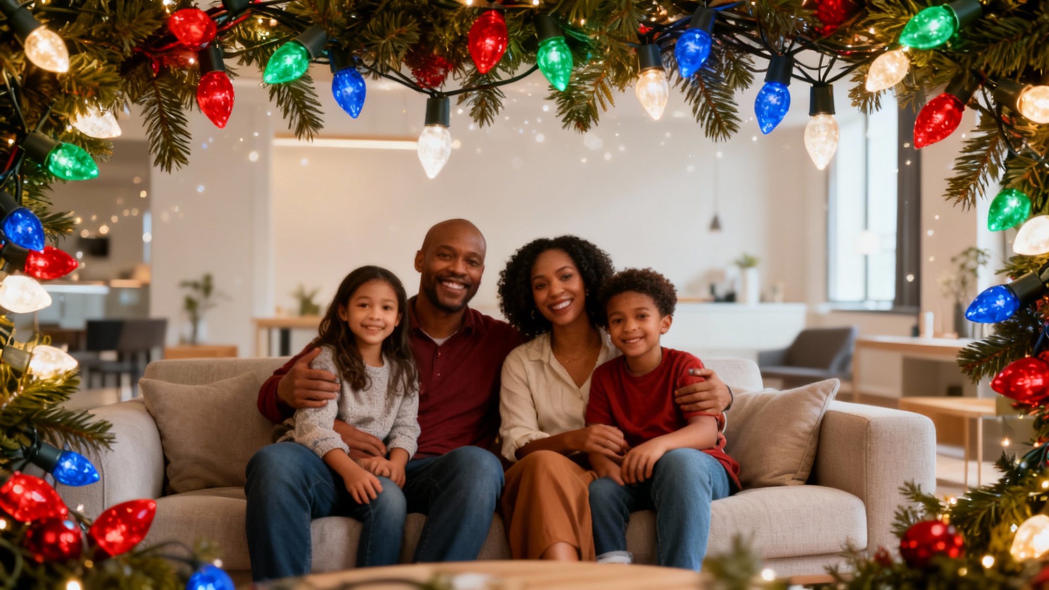 A finished family portrait with a Christmas lights overlay applied. The image shows a happy family on a couch, framed by glowing, colorful Christmas lights and evergreen branches, creating a festive holiday card look.