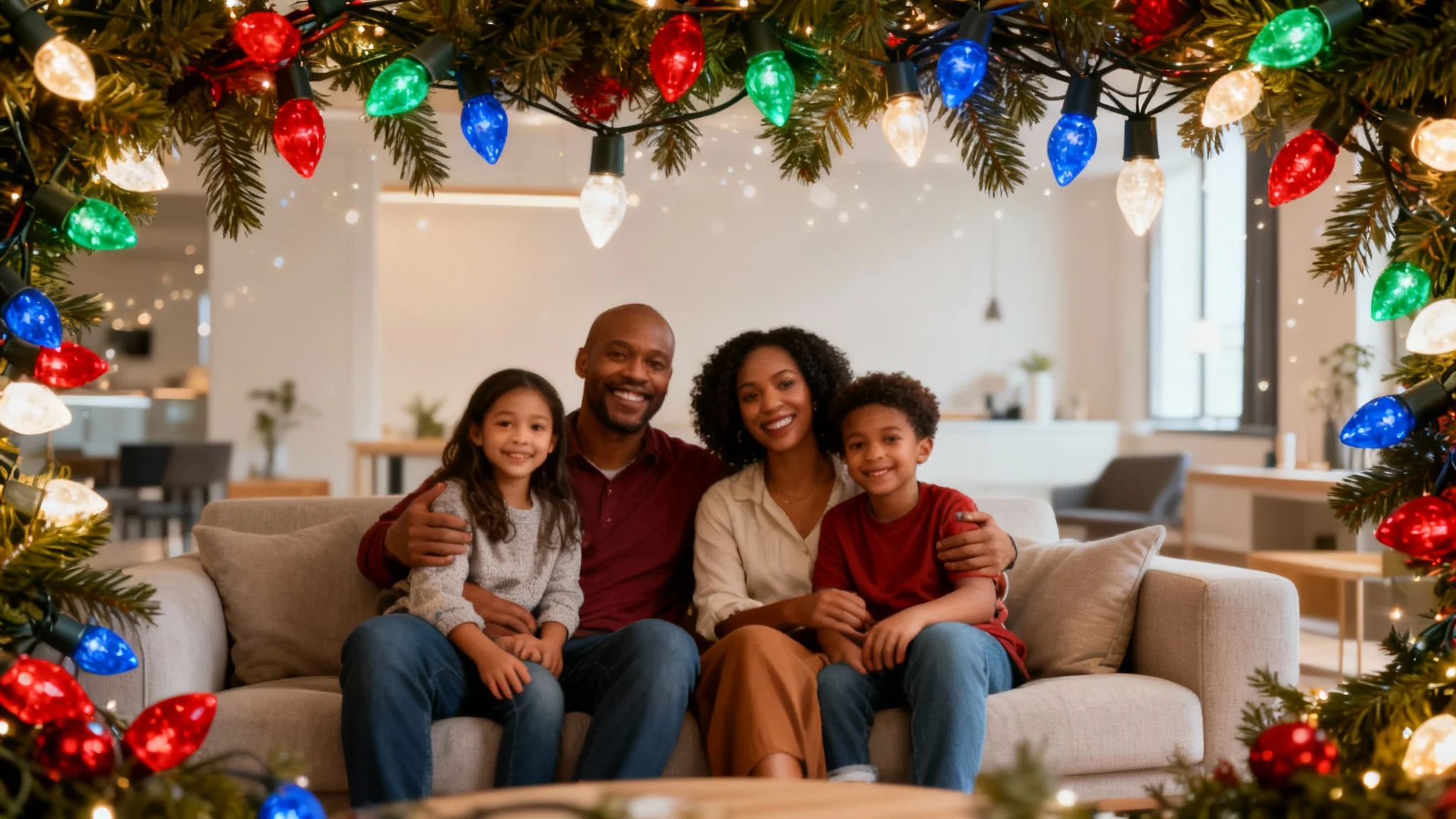 A finished family portrait with a Christmas lights overlay applied. The image shows a happy family on a couch, framed by glowing, colorful Christmas lights and evergreen branches, creating a festive holiday card look.