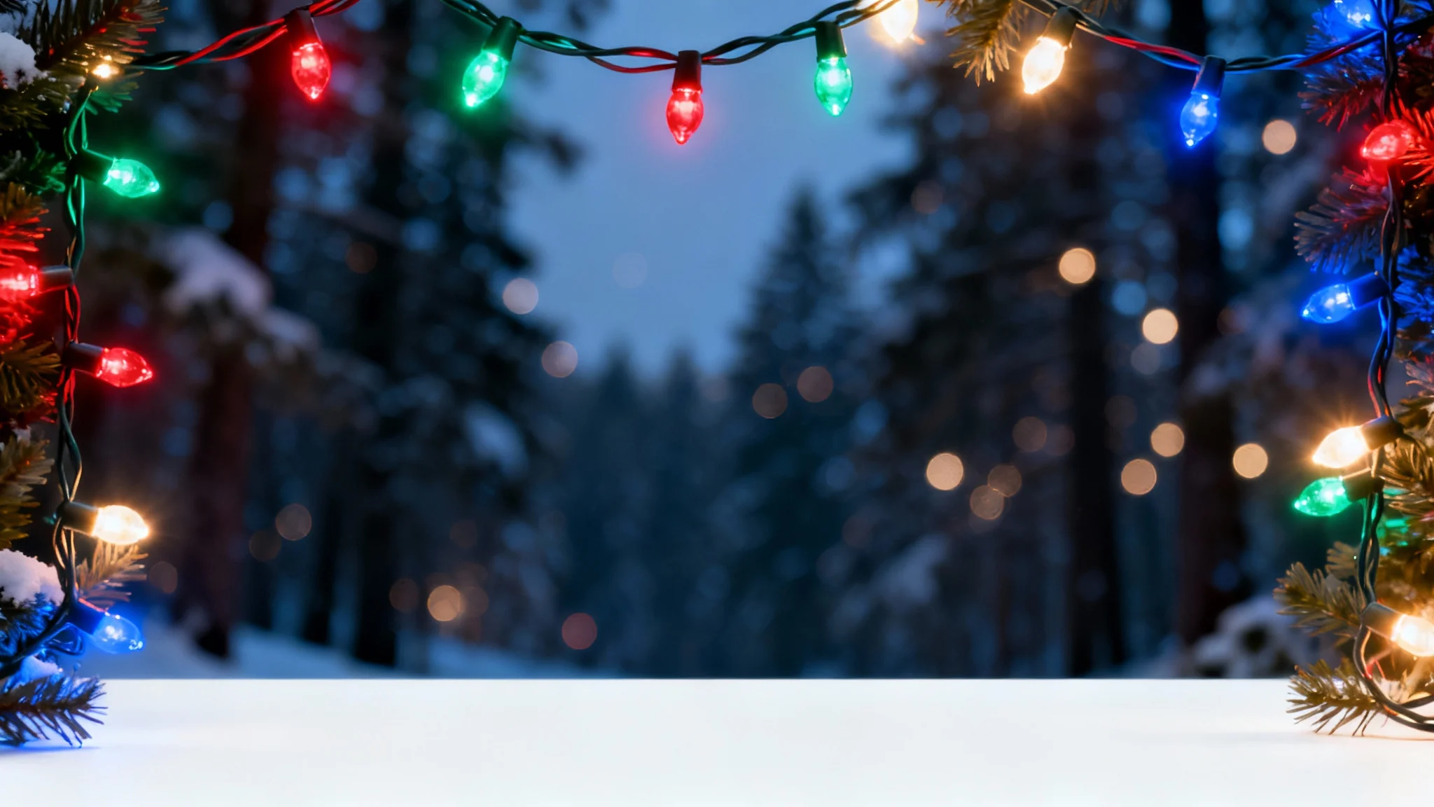 A mockup of a Christmas lights overlay, showing a string of glowing, colorful bokeh lights superimposed over a dark winter forest background, all presented on a clean white background.