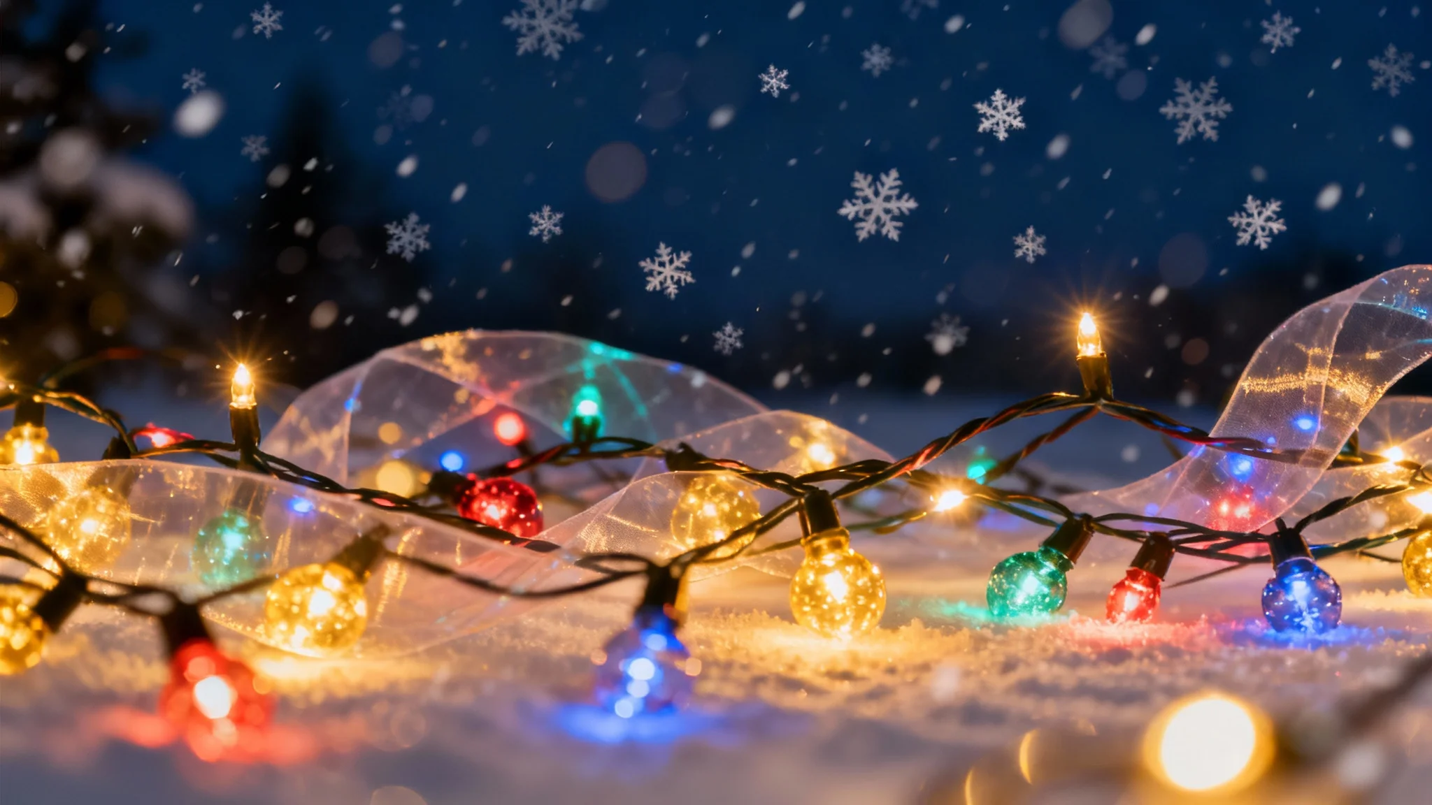 An enchanting image demonstrating a Christmas lights overlay, featuring glowing, multi-colored bokeh lights against a dark, snowy night scene.
