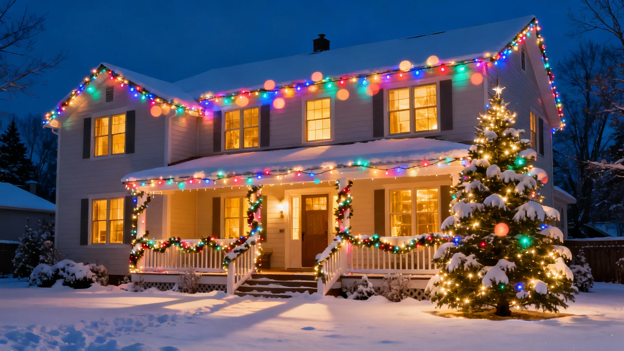 A cozy house covered in snow at twilight, beautifully decorated with a festive overlay of glowing, colorful Christmas lights on the roof and a nearby tree, presented as a mockup on a white background.
