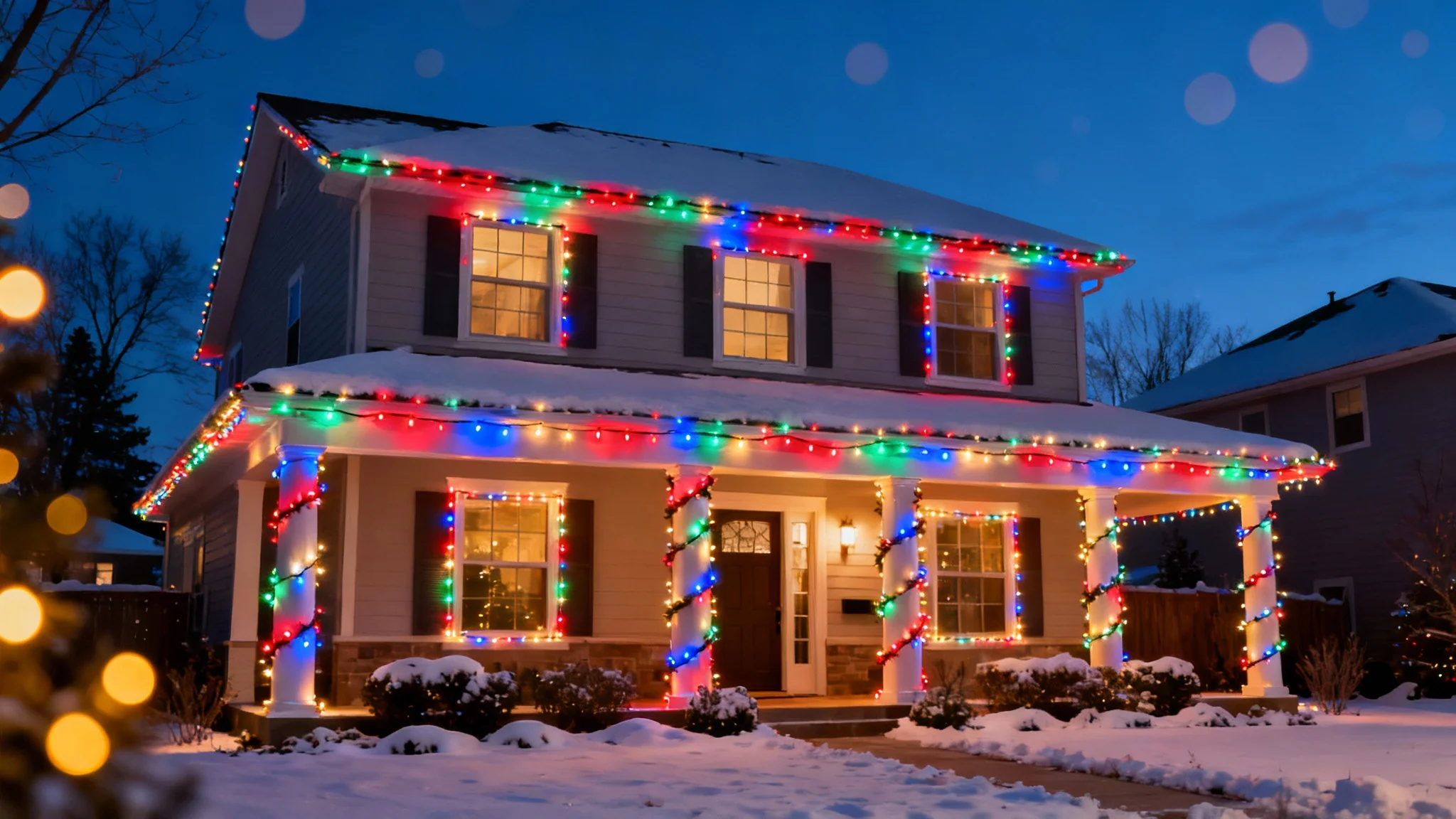 A photorealistic image of a beautiful house at dusk, decorated for Christmas with a vibrant and glowing digital overlay of colorful lights, with snow on the ground.