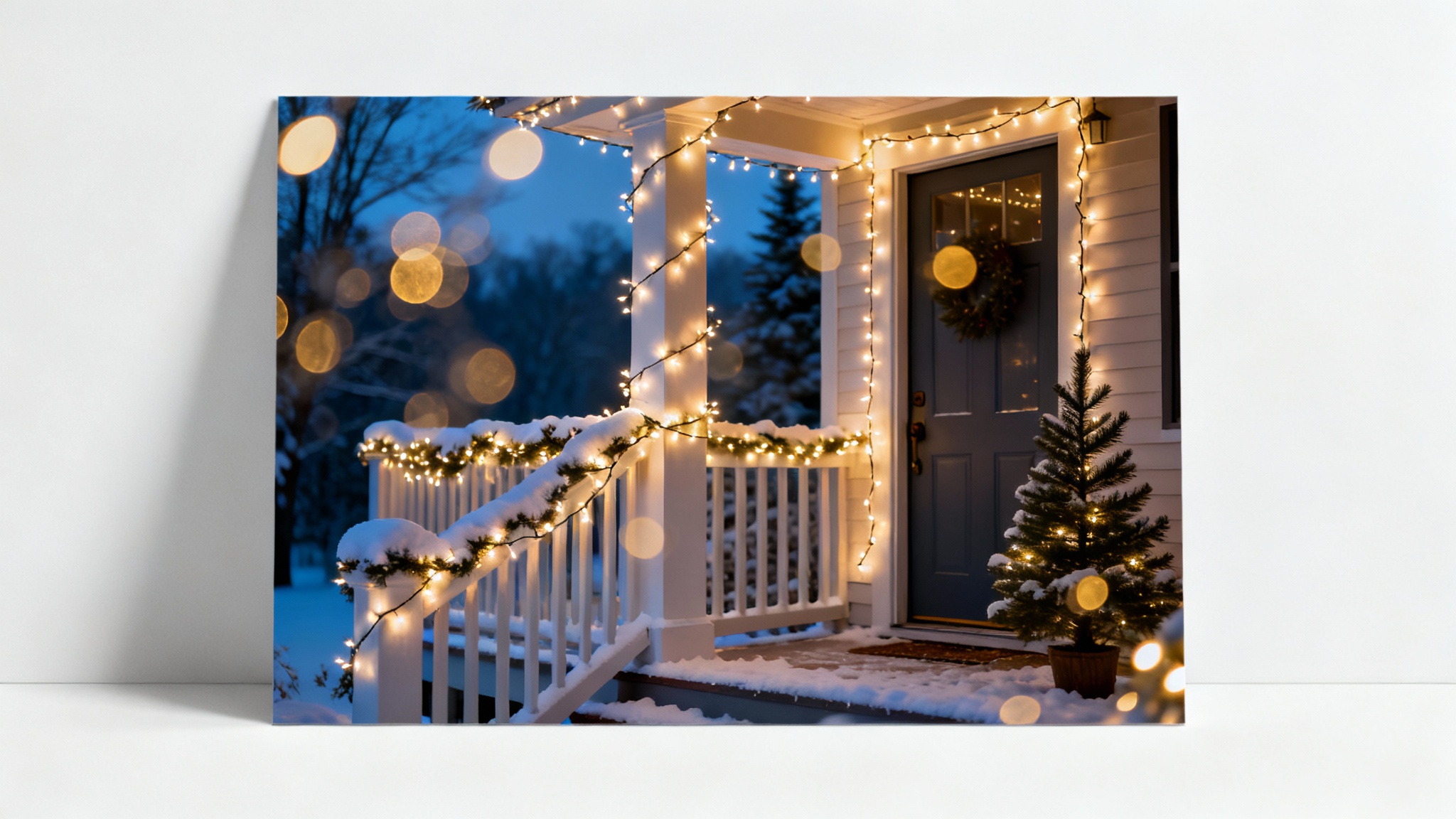 A photorealistic mockup of a front porch at dusk, decorated with a beautiful overlay of glowing Christmas lights, isolated on a white background.