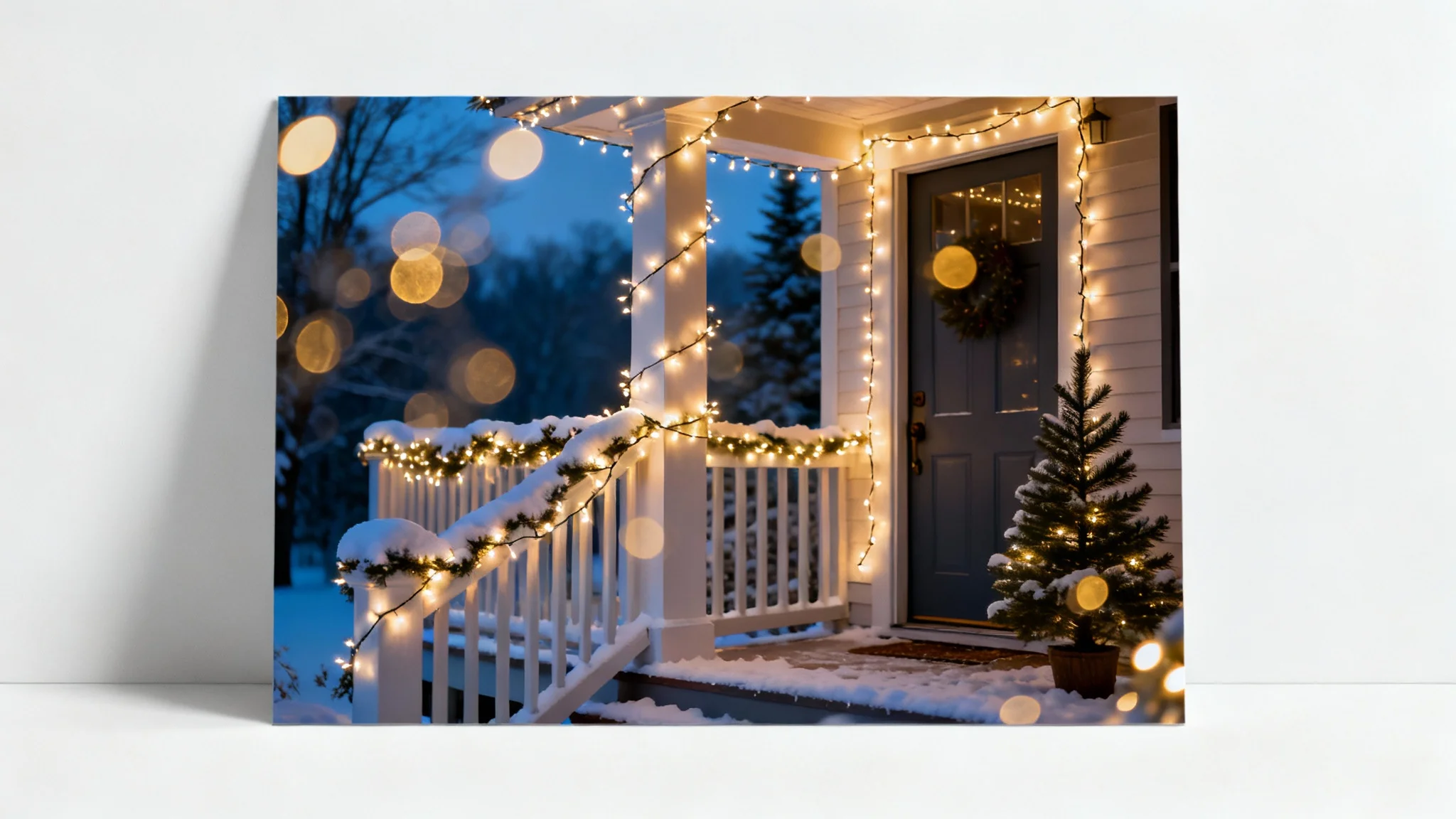 A photorealistic mockup of a front porch at dusk, decorated with a beautiful overlay of glowing Christmas lights, isolated on a white background.