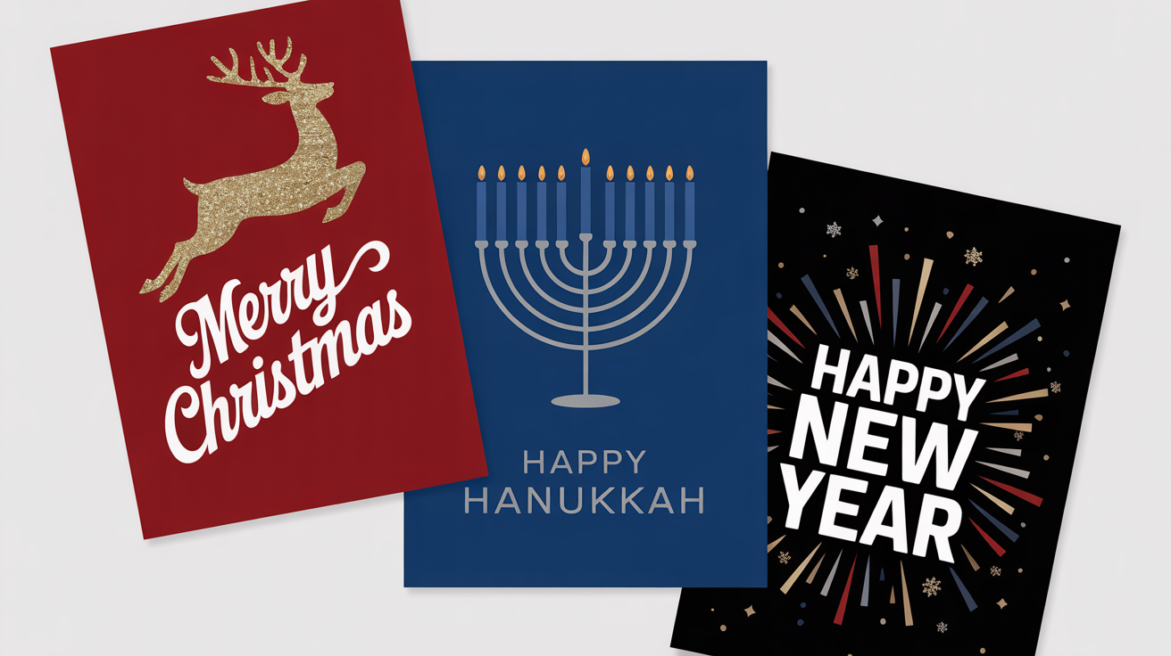 A top-down view of three festive holiday cards for Christmas, Hanukkah, and New Year's, arranged on a clean white background, showcasing unique and modern designs.