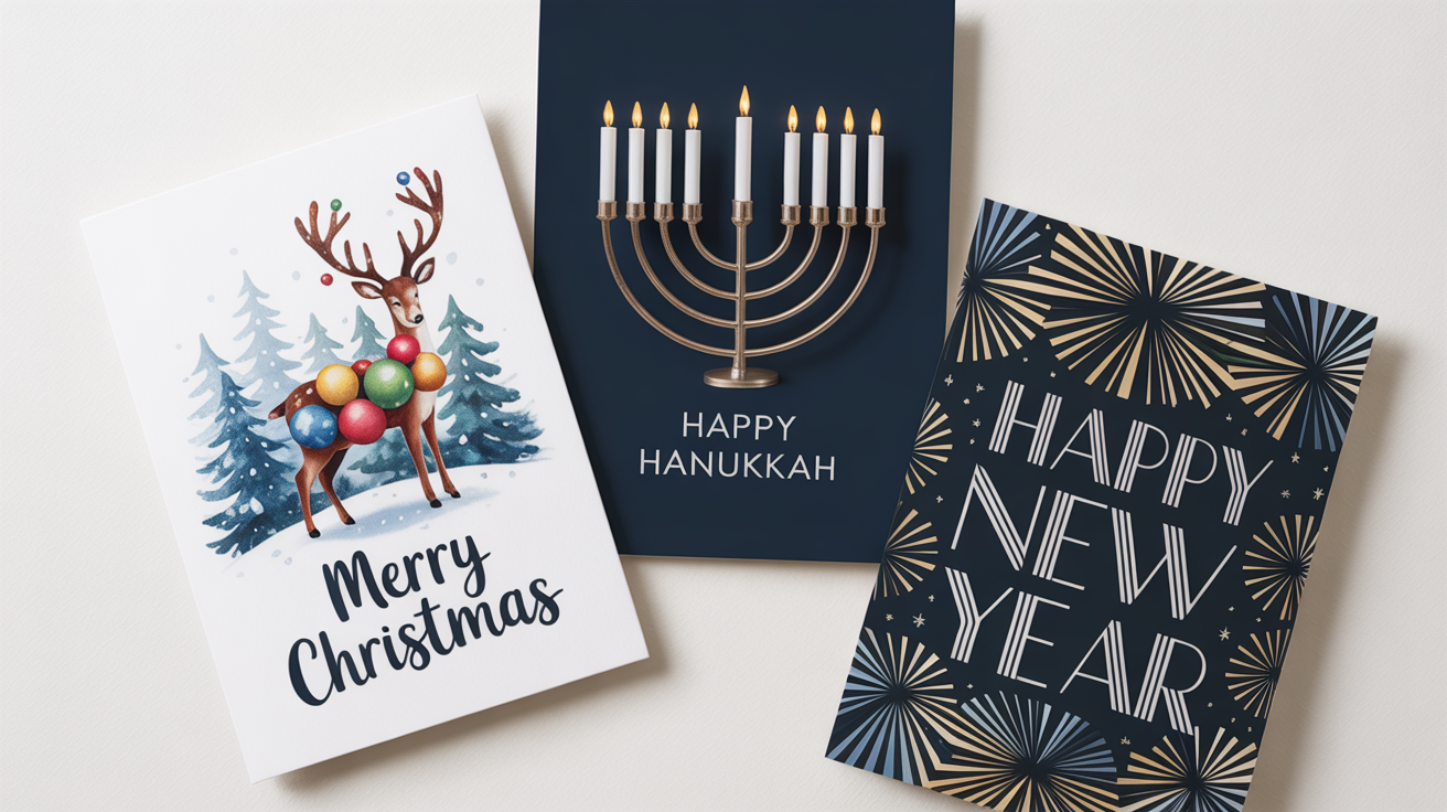 A top-down view of three unique holiday cards arranged on a white background: a Christmas card with a reindeer and "Merry Christmas" text, a Hanukkah card with a menorah and "Happy Hanukkah" text, and a New Year's card with an art deco design and "Happy New Year" text.