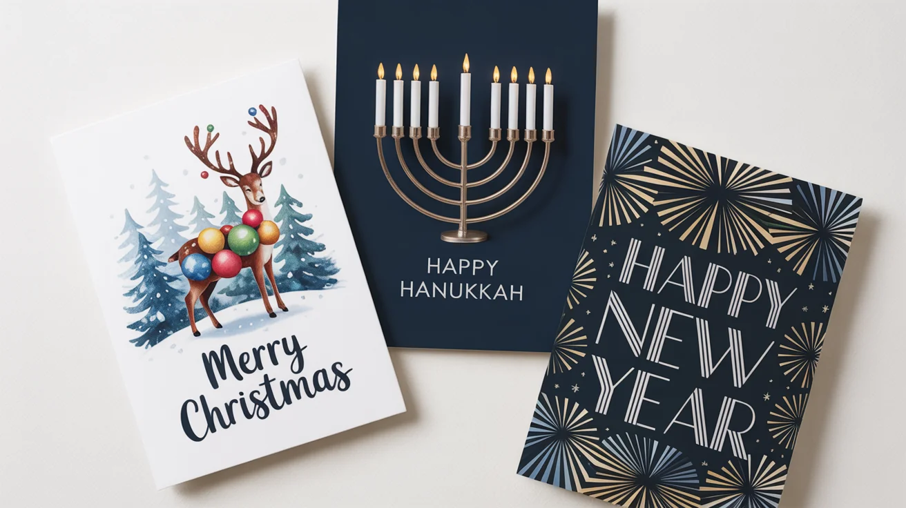 A top-down view of three unique holiday cards arranged on a white background: a Christmas card with a reindeer and "Merry Christmas" text, a Hanukkah card with a menorah and "Happy Hanukkah" text, and a New Year's card with an art deco design and "Happy New Year" text.