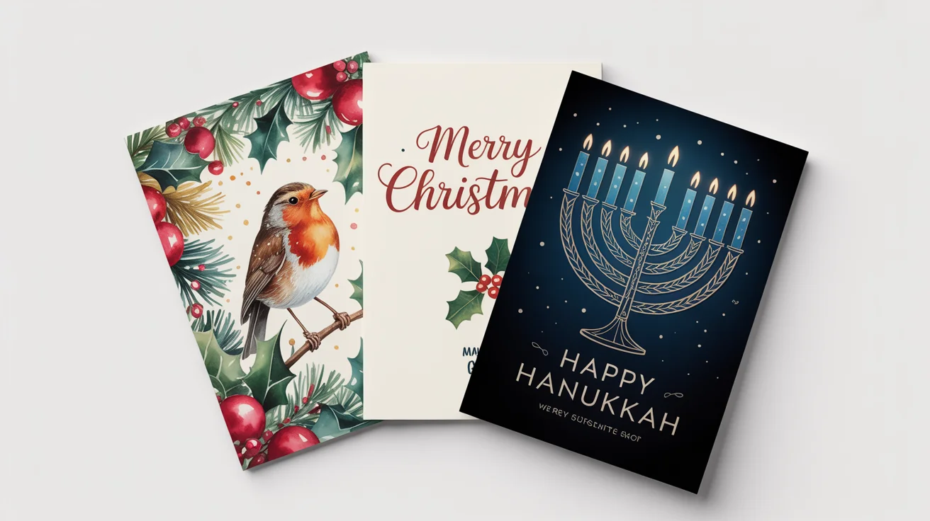 Three custom holiday cards for Christmas, Hanukkah, and New Year's arranged on a clean white background, showcasing unique designs and festive greetings.