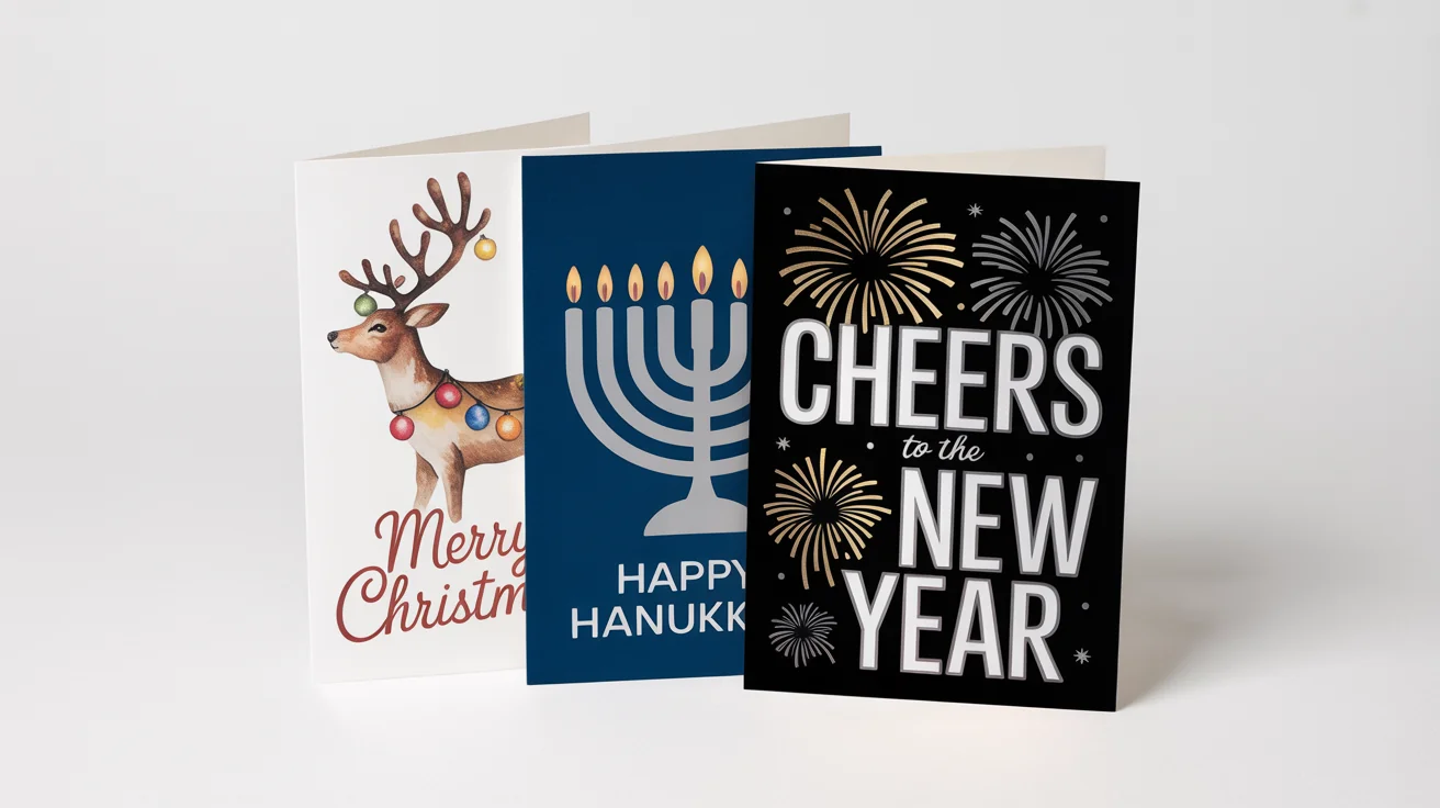 Three unique holiday cards for Christmas, Hanukkah, and New Year's, showcasing custom designs and festive typography on a clean white background.