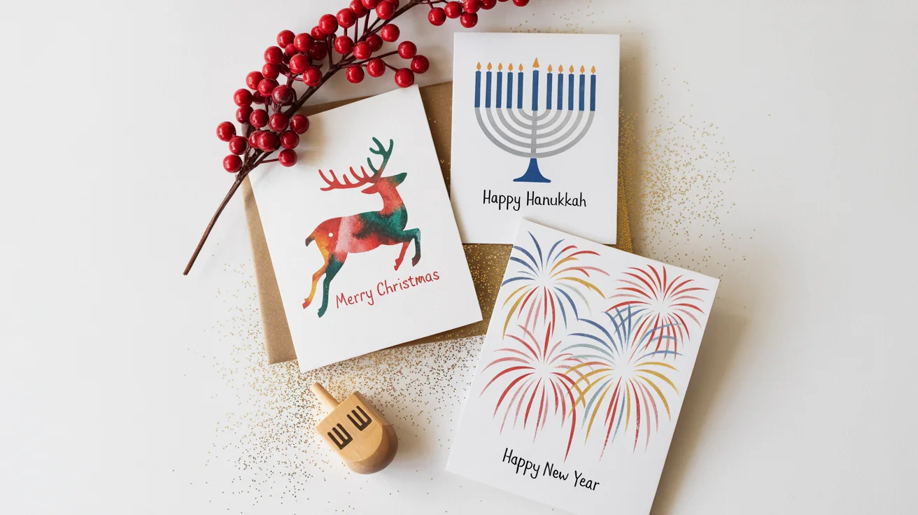 A flat lay of beautifully designed holiday cards for Christmas, Hanukkah, and New Year's, arranged on a white background with festive decorations.