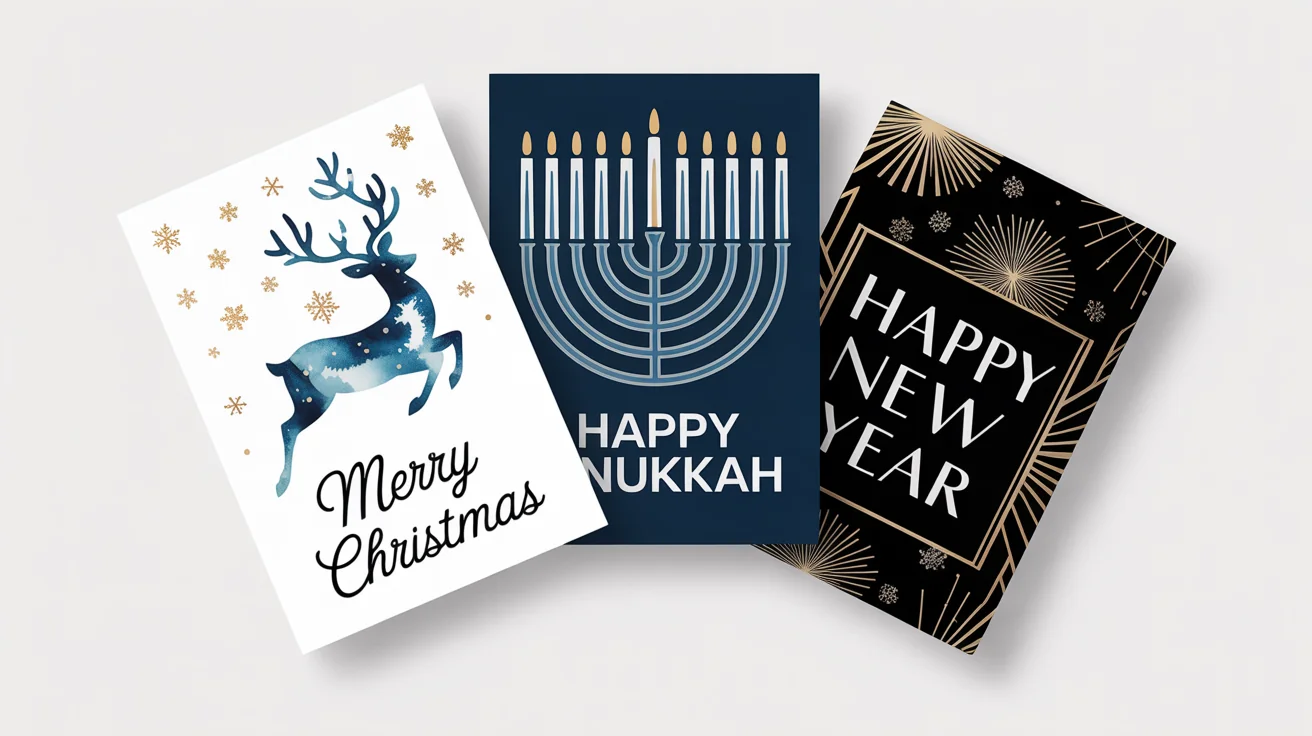 An overhead view of three festive holiday cards for Christmas, Hanukkah, and New Year's, artfully arranged on a white background, showcasing unique artistic designs.