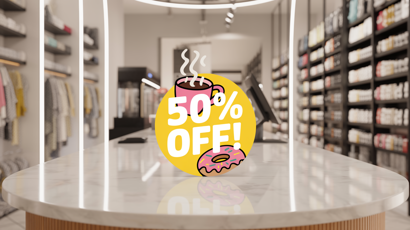 A circular, bright yellow '50% OFF!' sticker with cartoon illustrations, shown on a clean marble counter in a retail setting to represent a finished sticker design.
