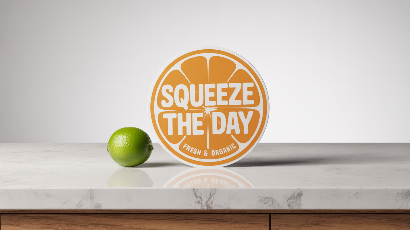 A die-cut sticker in the shape of an orange slice for a juice bar called 'Squeeze The Day', displayed on a white quartz counter.