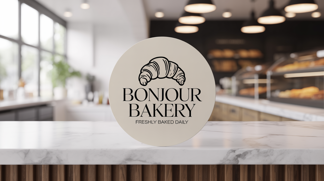 A mockup of a circular counter sticker for 'Bonjour Bakery', featuring a croissant illustration, placed on a white marble surface in a cafe.