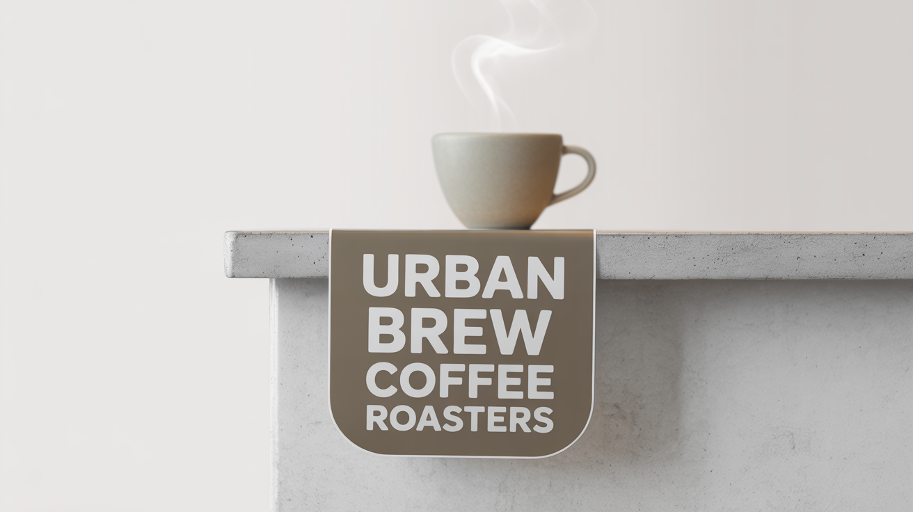 A photorealistic mockup of a circular sticker for 'URBAN BREW COFFEE ROASTERS' placed on the corner of a modern concrete counter against a white background.