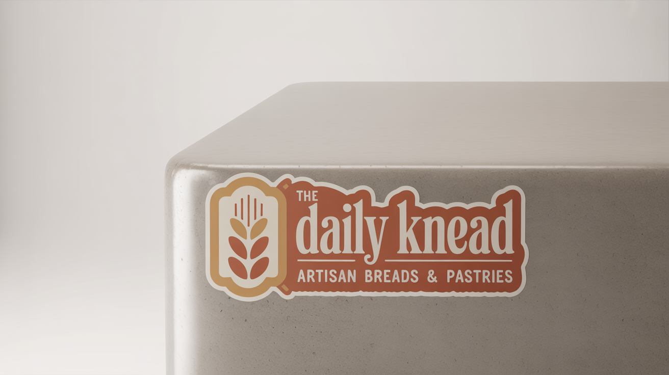 A photorealistic mockup of a die-cut sticker for 'The Daily Knead' artisan bakery, placed on the corner of a concrete counter against a white background.