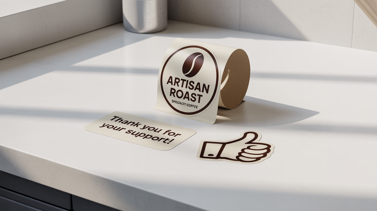 A mockup of several custom counter stickers, including one for a coffee shop and a 'thank you' sticker, displayed on a clean white background.