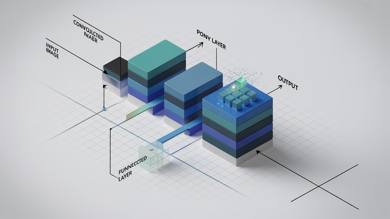 A professionally designed, isometric 3D diagram illustrating the architecture of a Convolutional Neural Network (CNN), showing the flow from an input image through convolutional, pooling, and fully connected layers to the final output.