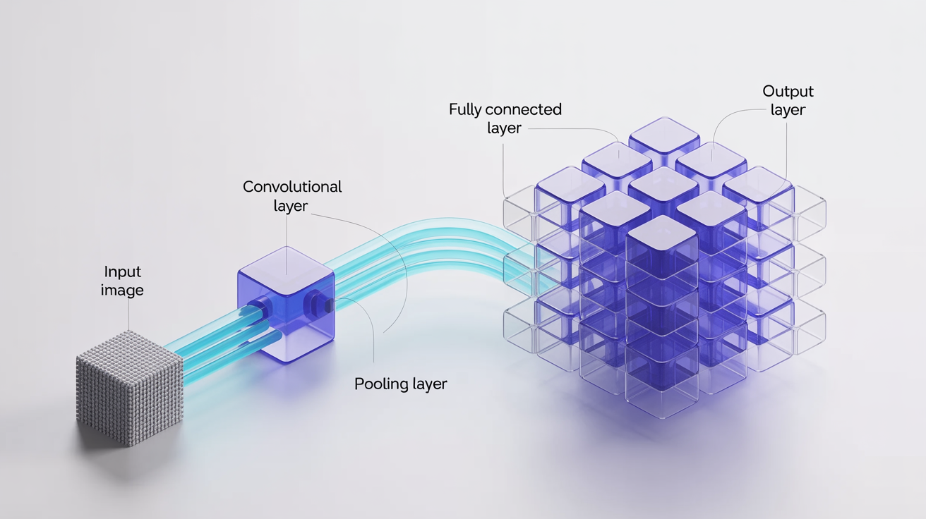 A 3D diagram illustrating the architecture of a Convolutional Neural Network (CNN), showing the flow from an input image through convolutional, pooling, and fully connected layers to an output layer.
