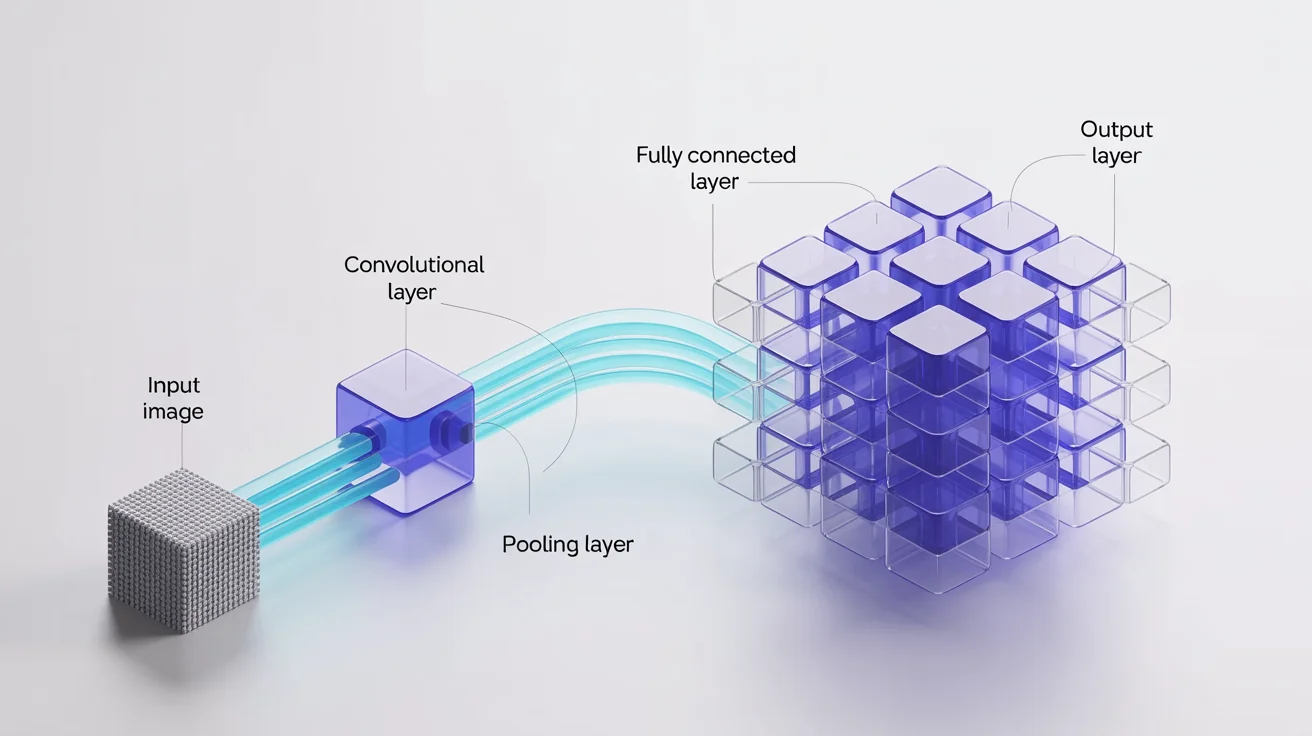 A 3D diagram illustrating the architecture of a Convolutional Neural Network (CNN), showing the flow from an input image through convolutional, pooling, and fully connected layers to an output layer.