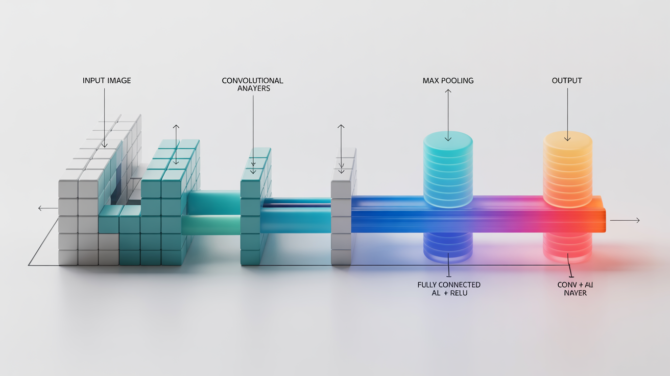 A modern, stylized diagram illustrating the architecture of a Convolutional Neural Network (CNN), showing the flow from an input image through convolutional, pooling, and fully connected layers to an output.
