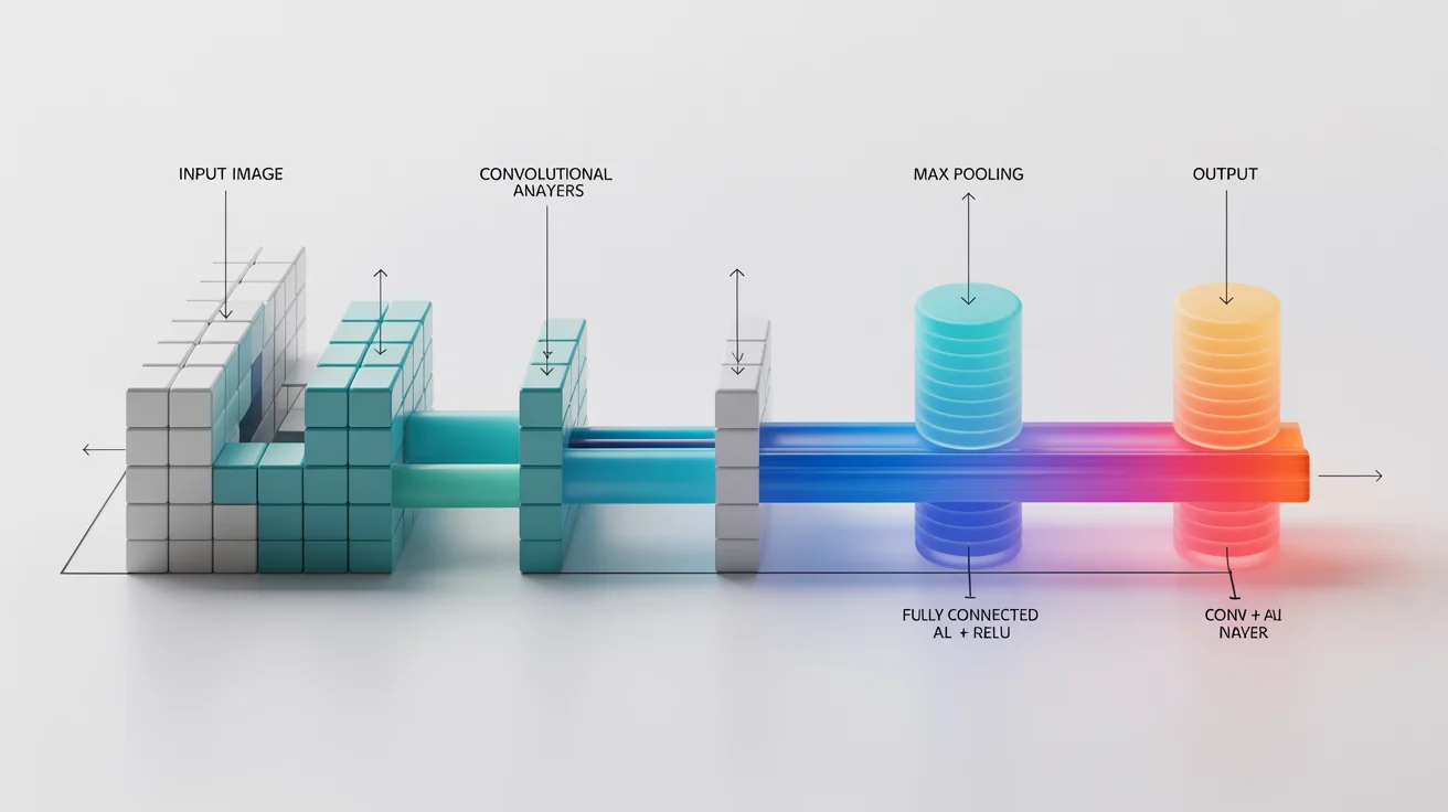 A modern, stylized diagram illustrating the architecture of a Convolutional Neural Network (CNN), showing the flow from an input image through convolutional, pooling, and fully connected layers to an output.