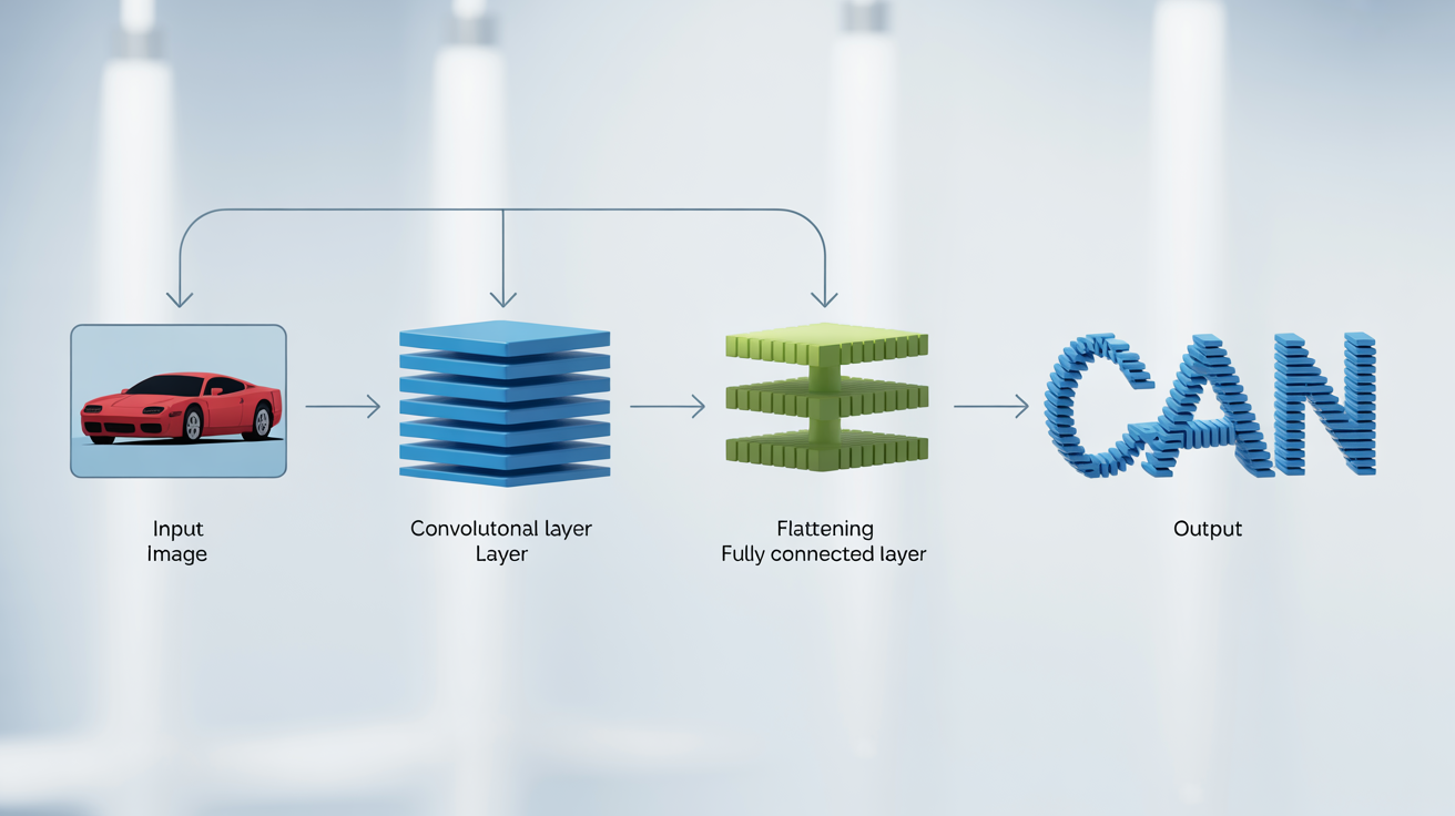 A 3D schematic diagram illustrating the architecture of a Convolutional Neural Network (CNN), showing the flow from an input image through convolutional, pooling, and fully connected layers to an output classification. The diagram has a clean, modern design on a white background.