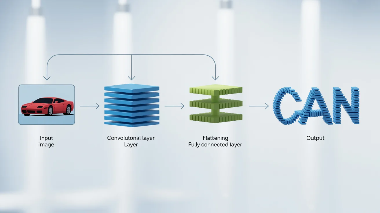 A 3D schematic diagram illustrating the architecture of a Convolutional Neural Network (CNN), showing the flow from an input image through convolutional, pooling, and fully connected layers to an output classification. The diagram has a clean, modern design on a white background.