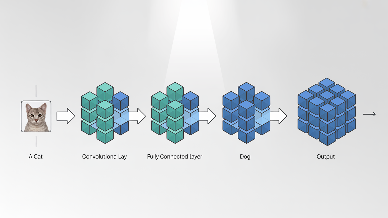 A clear diagram of a Convolutional Neural Network (CNN) architecture on a white background, showing the process from an input image of a cat through various layers to a final classification output.