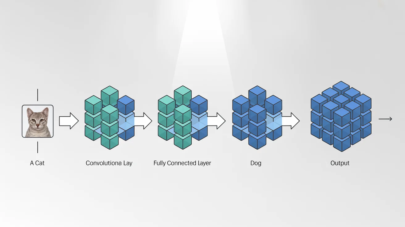 A clear diagram of a Convolutional Neural Network (CNN) architecture on a white background, showing the process from an input image of a cat through various layers to a final classification output.